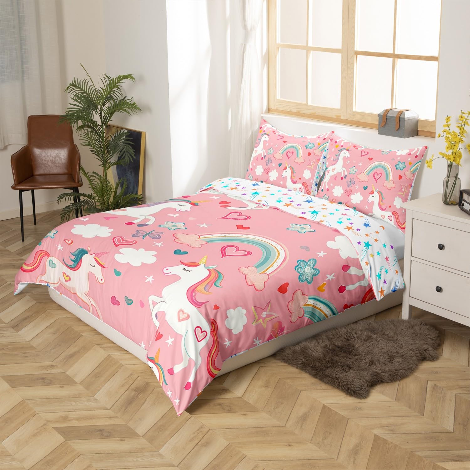 Loussiesd Unicorn Bedding Duvet Cover Set King Size Flower Bedding Set for Kids Boys Girls Decor Rainbow Butterfly Comforter Cover Set Unicorn Glitter Pink Purple Bedspread Cover - Image 3