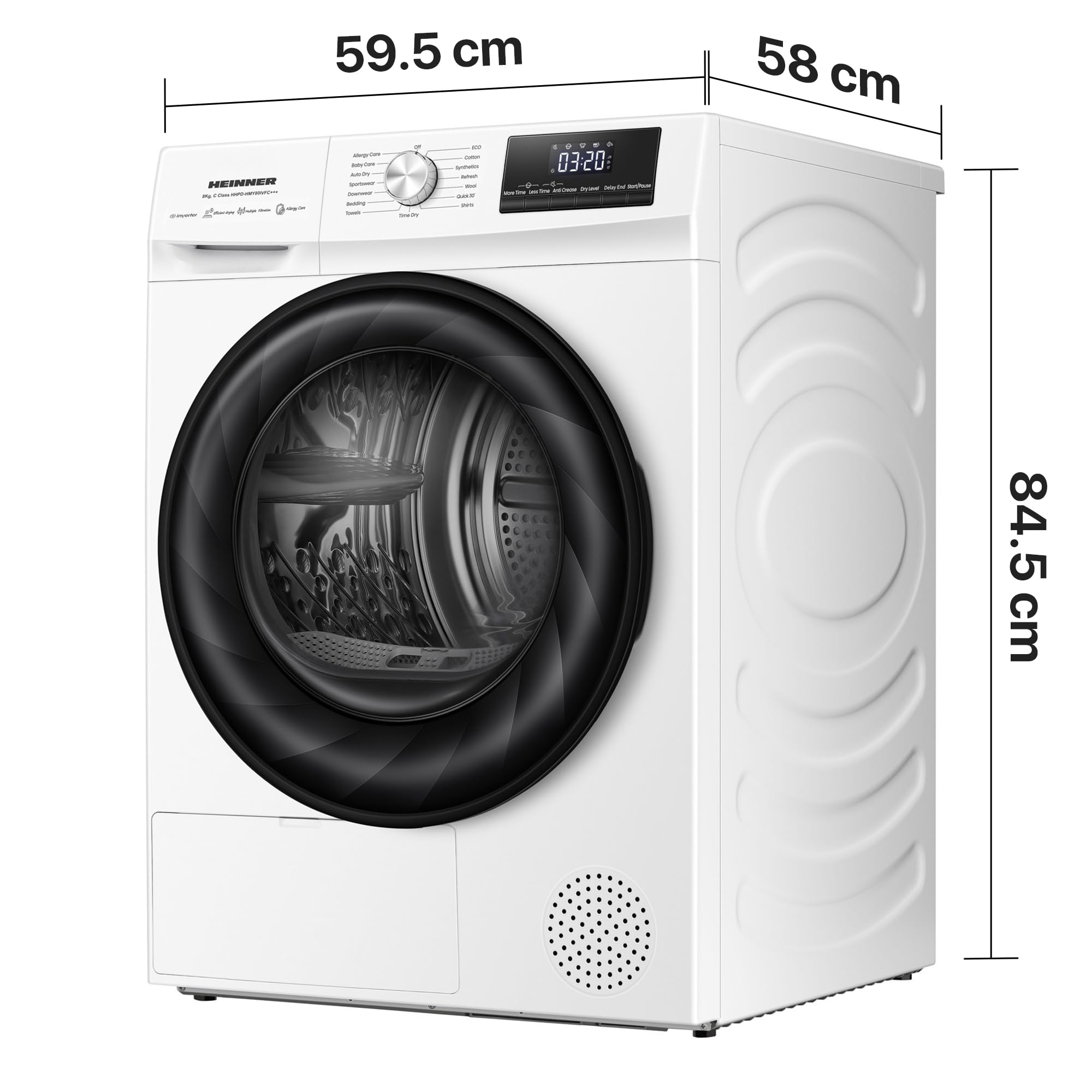 HHPD-HMY80IVFC+++ Wärmepumpentrockner – 8 kg Fassungsvermögen, Inverter-Motor, 15 Trockenprogramme, Energieeffizienzklasse C, Digitales Display, Modernes Weißes Design, 5-Jahres-Garantie
