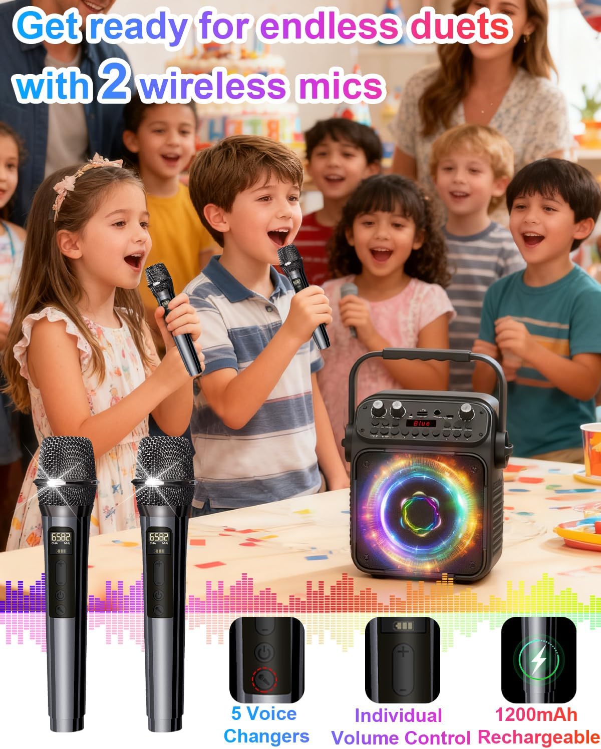 Karaoke Machine for Adults, Portable Karaoke System with 2 Wireless Microphones, 40W Speaker with DSP, Echo & Reverb, 7-Colorful Light Modes, Home Party & Outdoor Singing - Image 6