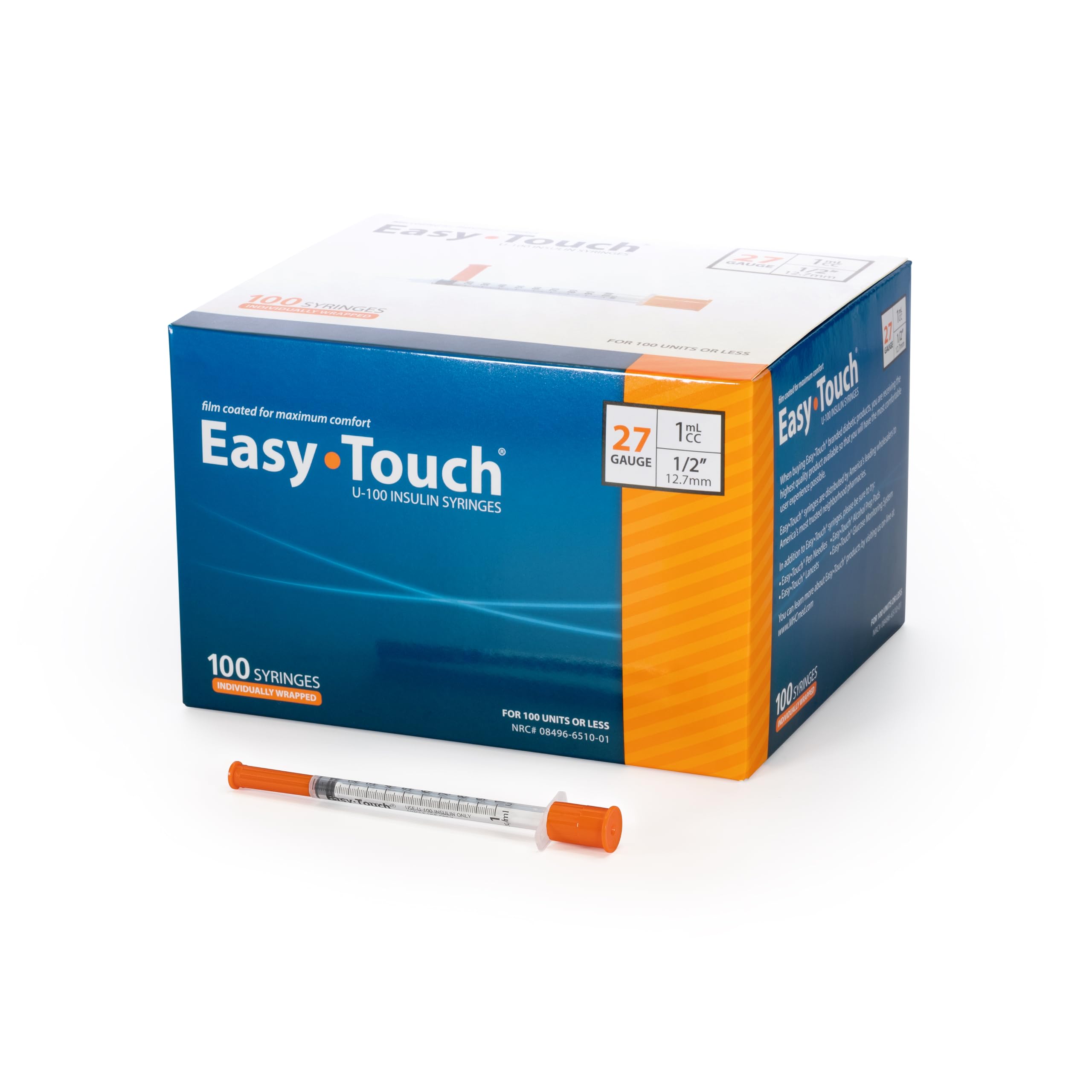 EasyTouch IW U-100 Insulin Syringes (27G 1.0cc 1/2") - 100 ct.