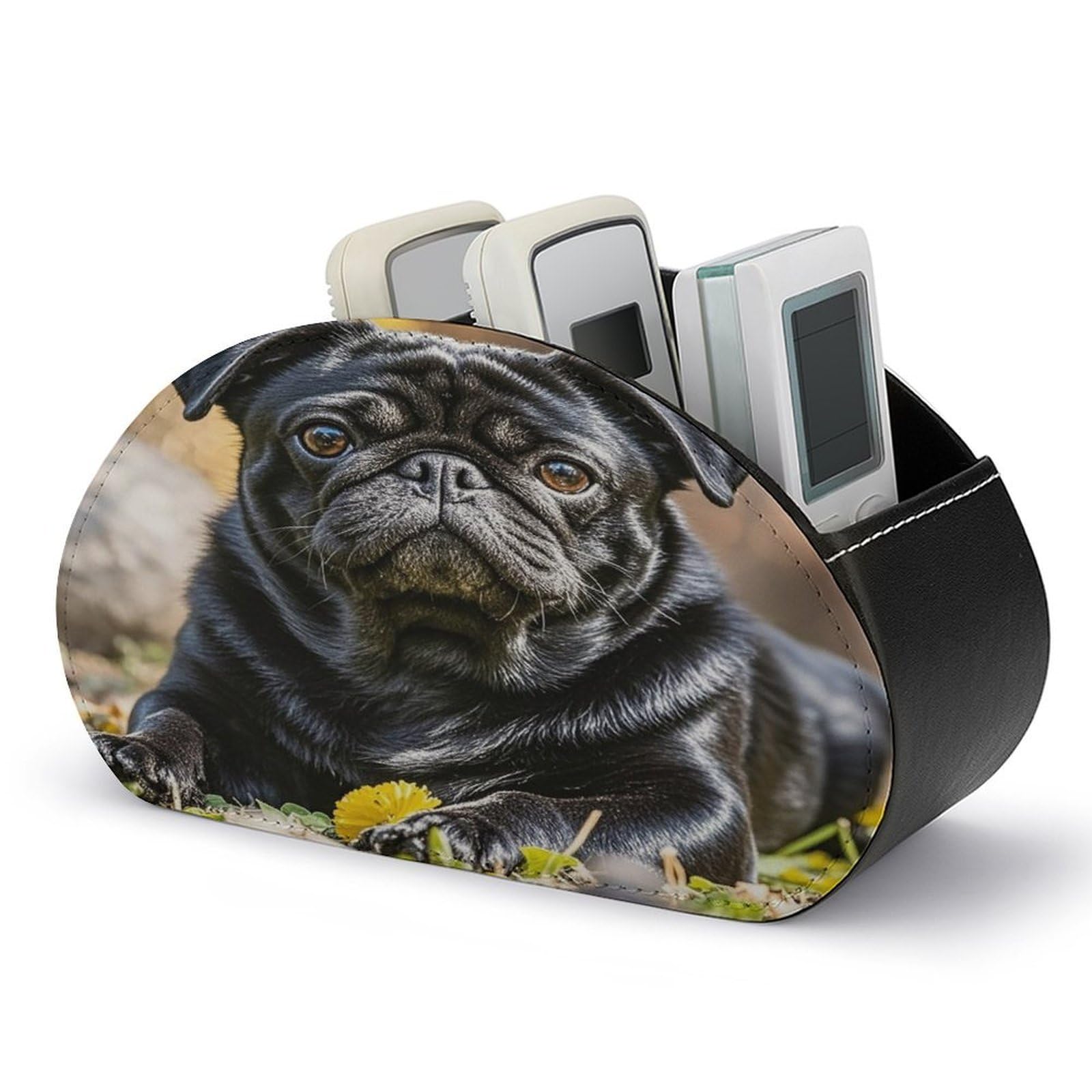 FekiLoot Cute Black Pug Dog TV Remote Control Holder with 5 Compartments Multi-functional Leather Bedside Table Remote Caddy Desktop Storage Box for Store Pen Controller Media Player Cosmetic