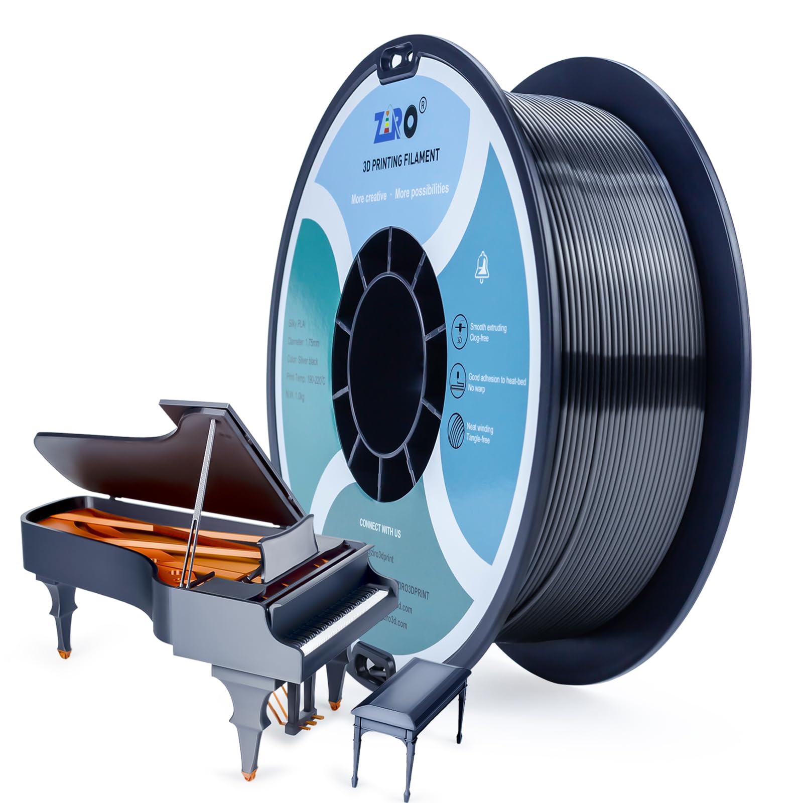 ZIRO PLA Silk Filament 1.75mm,3D Printer Filament PLA Silky Series 1.75mm 1KG(2.2lbs),Silver Black