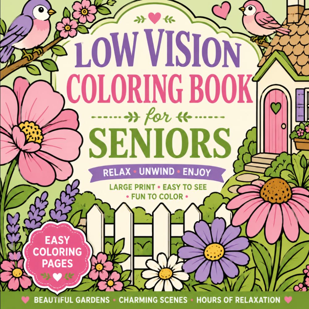 Low Vision Coloring Book for Seniors: 50+ Bold & Easy Large Print Designs for Relaxation, Stress Relief & Fun | Simple Flowers, Birds, Butterflies & ... Scenes with Thick Lines for Easy Coloring