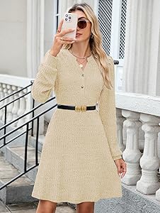 ZAFUL Womens Long Sleeve Fall Dresses with Pockets V Neck Button Casual Bodydoll Knit Sweater Dress 2025