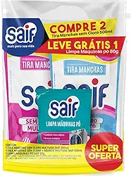 Saif Kit Tira Manchas sem Cloro 500ml, 2 Unidades + Limpa Máquinas em Pó 80g, Multiuso para Roupas Brancas e Coloridas
