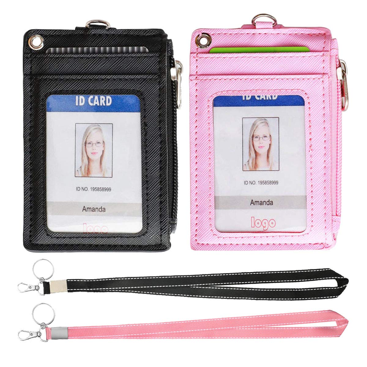 HASFINE 2 Pack ID Badge Holder with Lanyard,2 Sided 5 Card Slots ID Card Holder Wallet with PU Leather Zipper Pocket and Detachable Keychain Lanyard