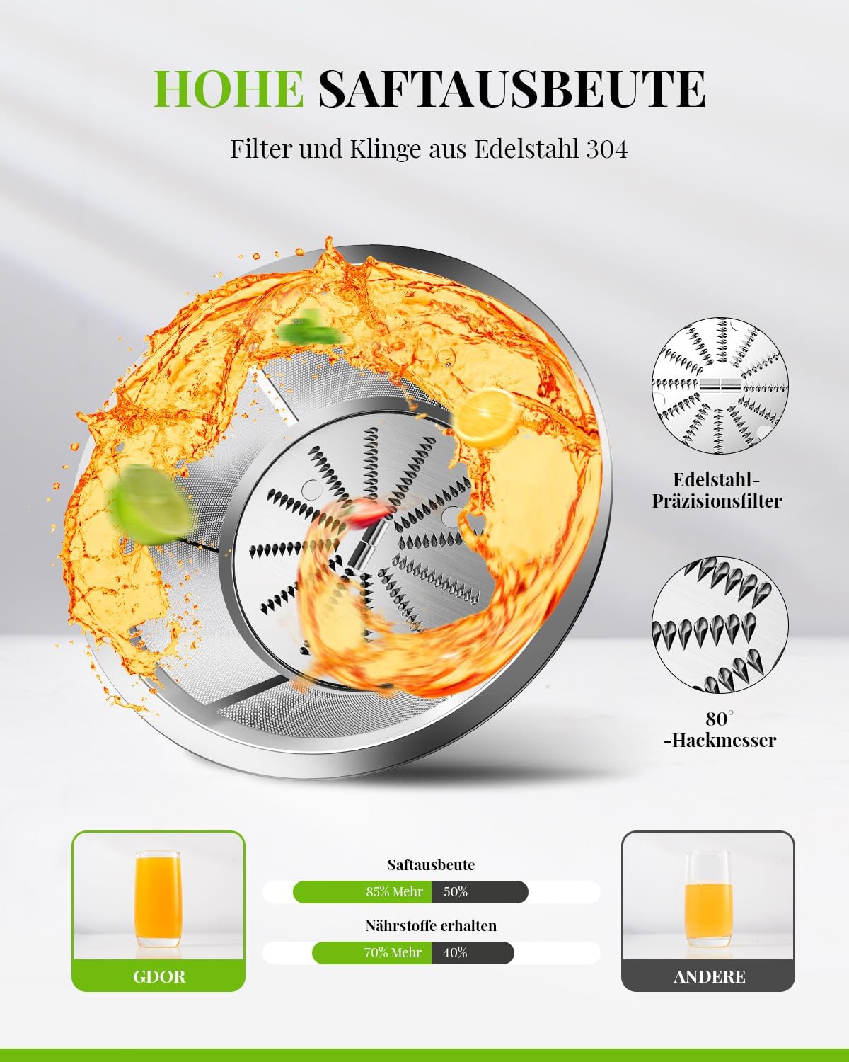 GDOR Entsafter 800W Juicer aus Edelstahl 76mm Großem Mund Entsafter Gemüse und Obst 3 Geschwindigkeitsstufen Juicer Machine Schnelles Entsaften Zentrifugaler Leicht zu Reinigen mit Bürste BPA-frei