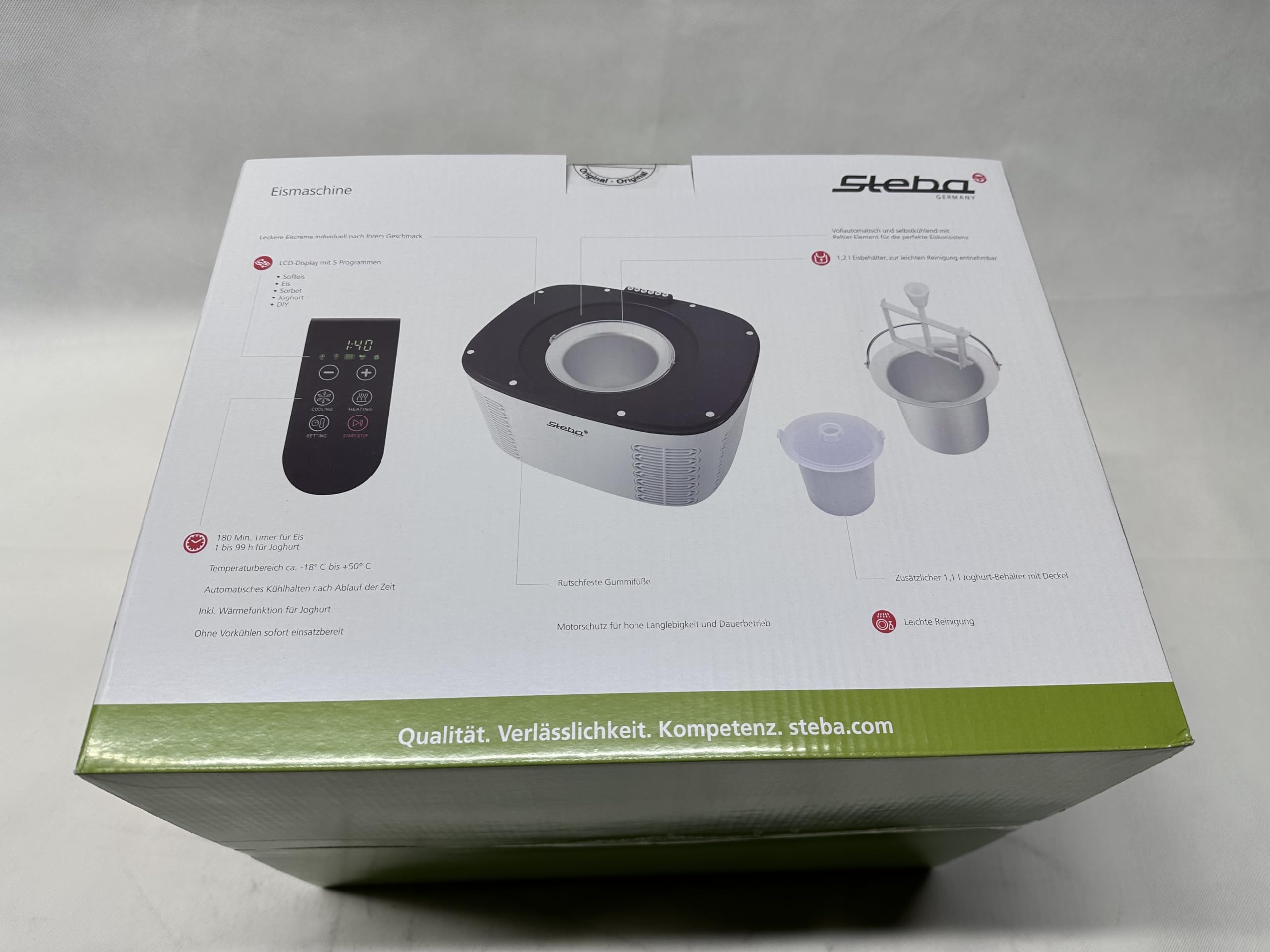 Steba Eismaschine, ohne Vorkühlen sofort einsatzbereit inkl. Wärmefunktion für Joghurt, Temperaturbereich ca. -18°C bis +50°C, 1,2 l Eisbehälter, IC 110, Weiß