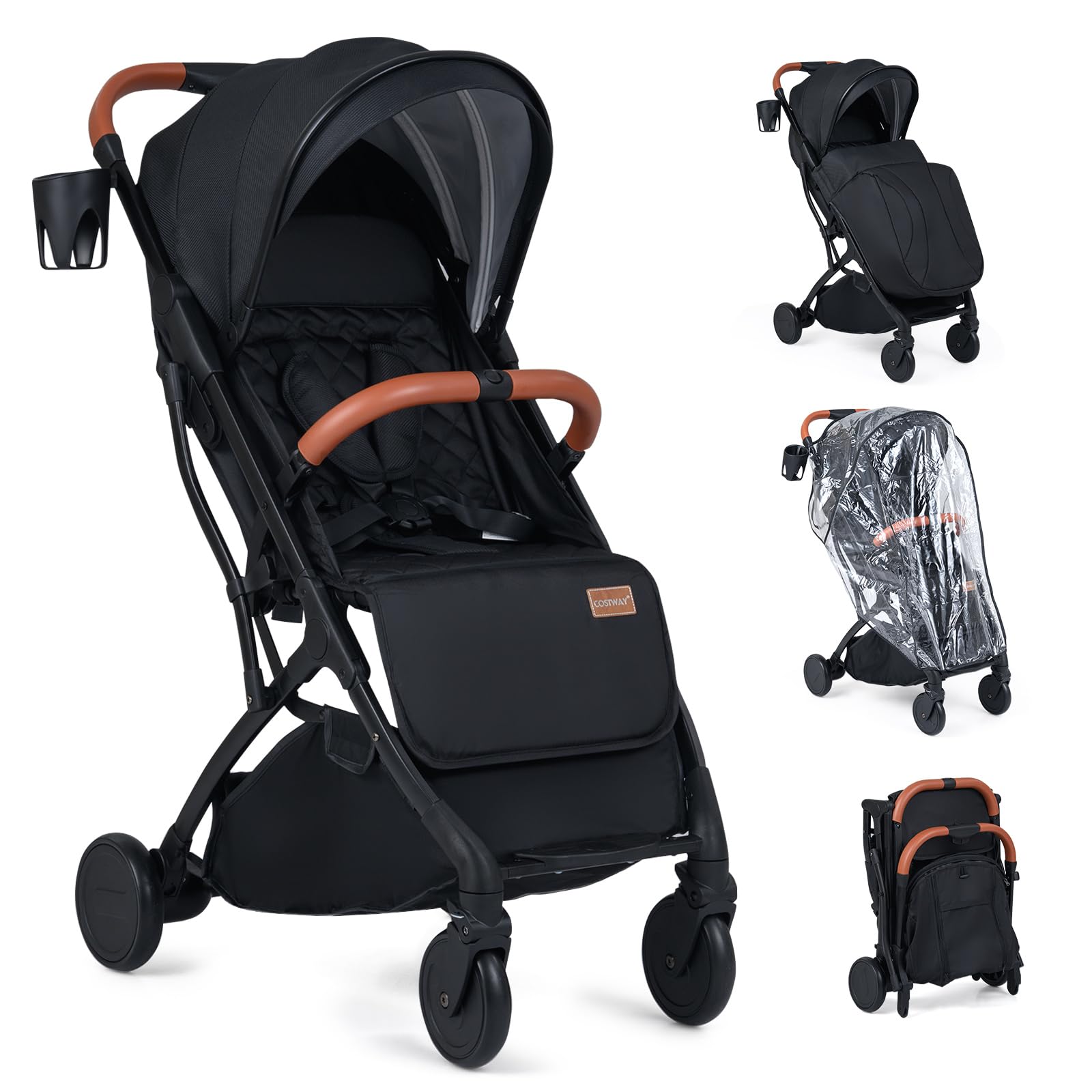 COSTWAY Passeggino Leggero per Neonati con Tettuccio, Schienale e Poggiapiedi Reclinabili, Passeggino Pieghevole con Portabicchieri, Cestello Portaoggetti, per Bambini 0-3 Anni (Nero)
