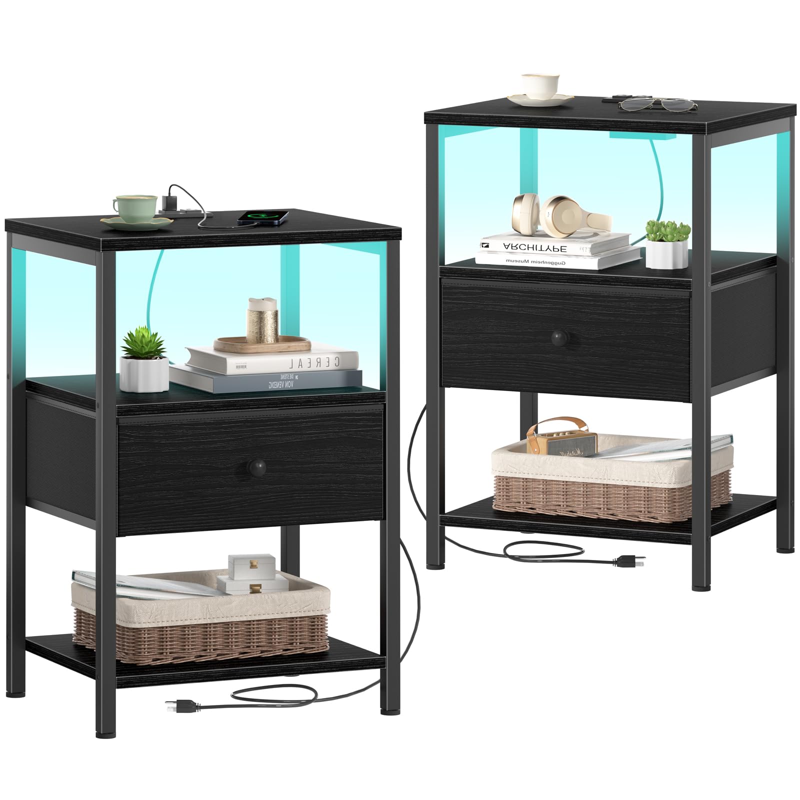 Table de nuit noire avec LED et station de charge BOLUO Lot de 2