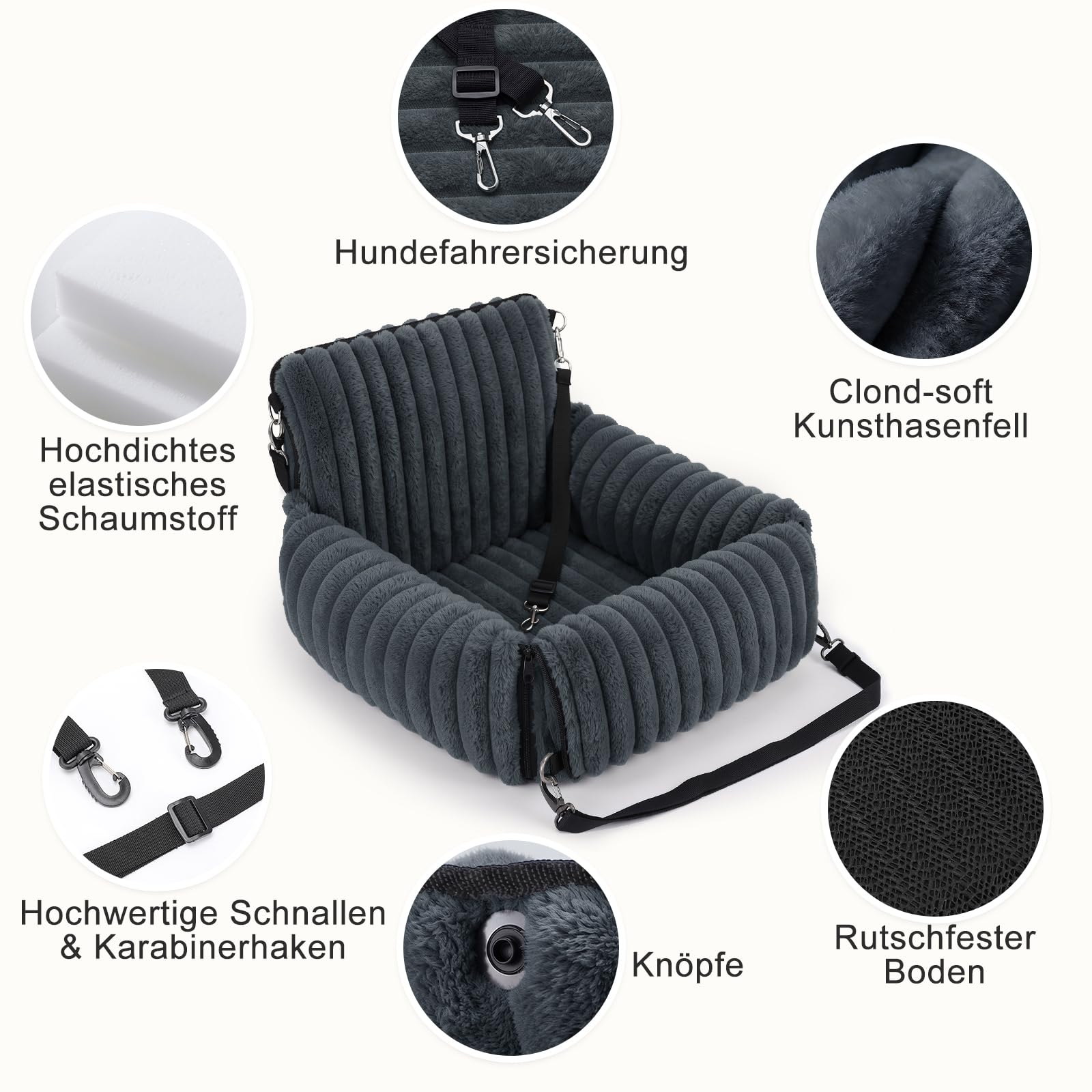 MIXJOY Siège Auto pour Chien, Amovible, pour Chiens de Petite à Moyenne Taille, Laisse Lavable, Rembourrage en Mousse à mémoire de Forme, pour siège arrière et siège Avant, Gris