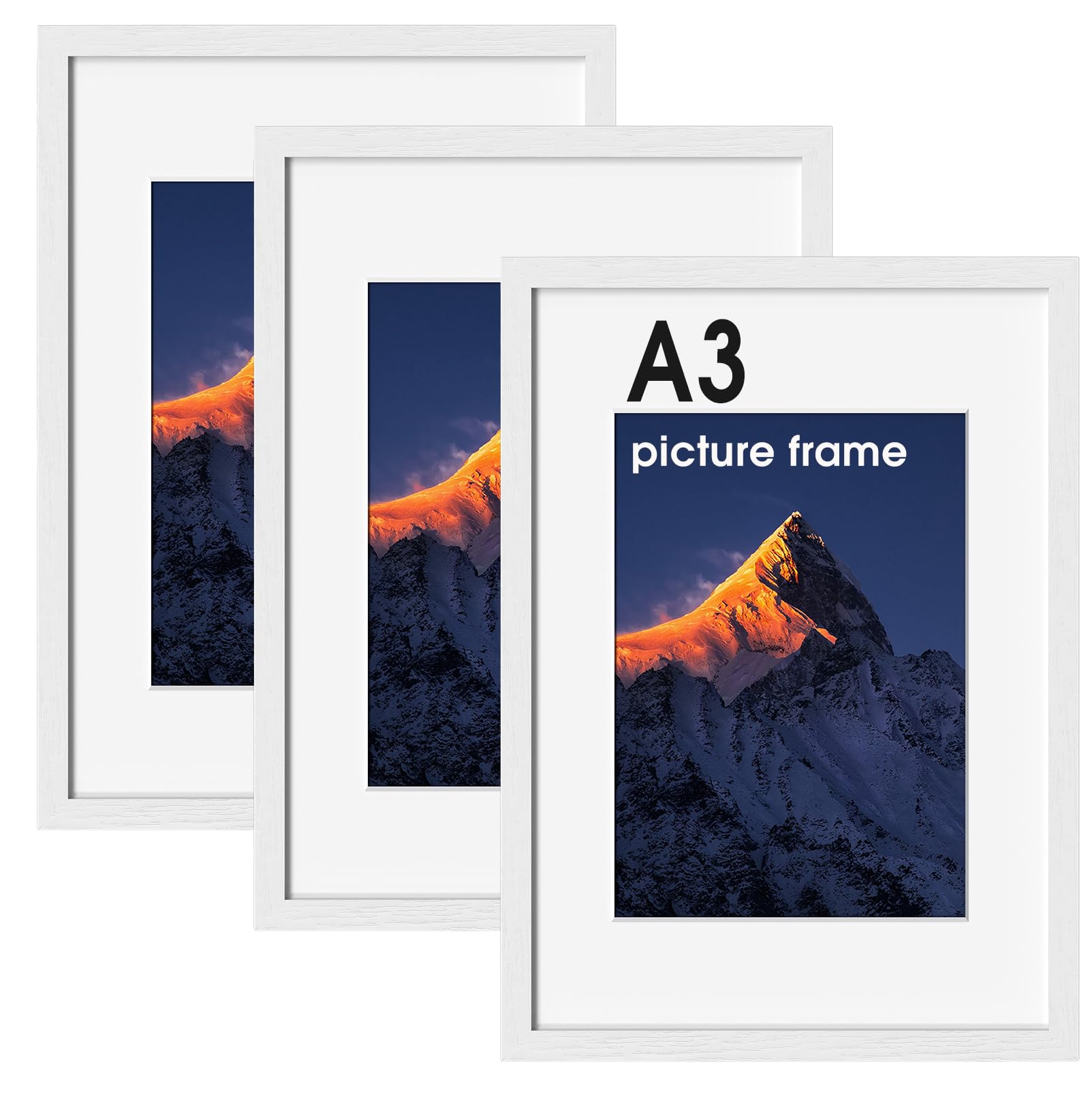 UHOUSEST A3 Picture Frames, Wooden Photo Frames, Poster Frames For Wall, Bedroom, Living Room, 42Γ29.7cm Frame with Mount and Plexiglass For Wall Mount Vertically or Horizontally, White, Pack of 3