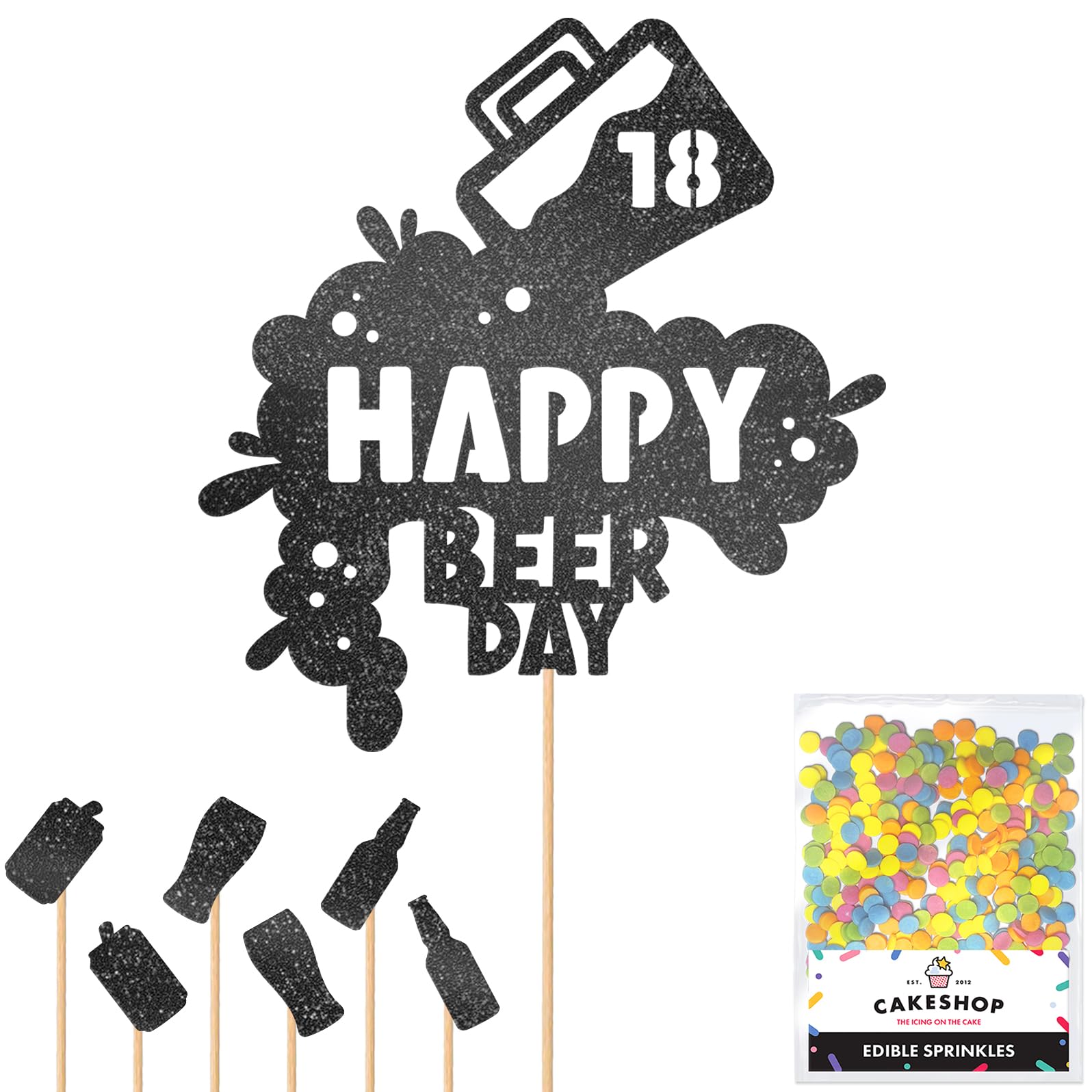 Personalised Happy Beer Day Glitter Cake Topper - Black Custom Age Glitter Cake Decoration and Sprinkles - Happy Birthday Decorations - Personalised Toppers for Cakes by Cakeshop — image 1