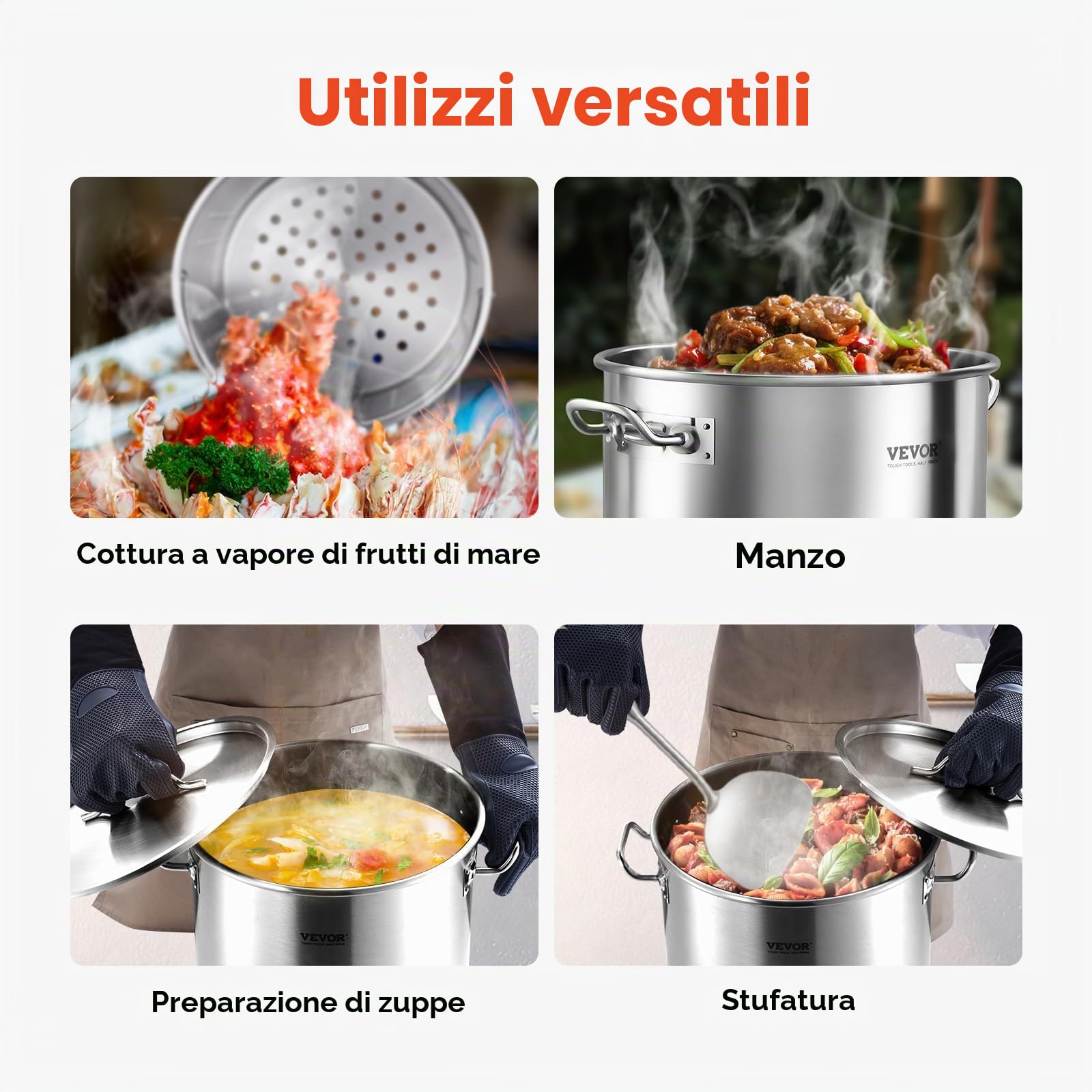 VEVOR Pentola in acciaio inox, pentole da 36 litri, pentola per salsa con cestino, coperchio e manico, pentola resistente di grado commerciale, trattamento levigatura, per cottura a vapore o frittura