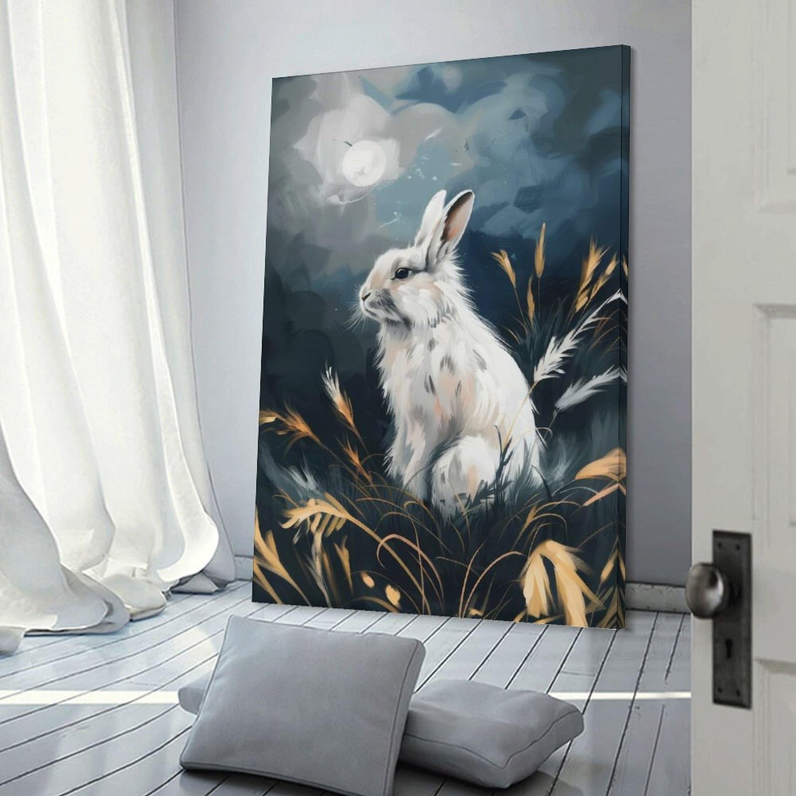 Junmoney Frame-Style-18 White Rabbit Under Moonlight Canvas Wall Art 20X30inch(50X75cm), For Workspace Walls, Study Corners Or Bedrooms, Wall Art That Adds Style To Work Areas