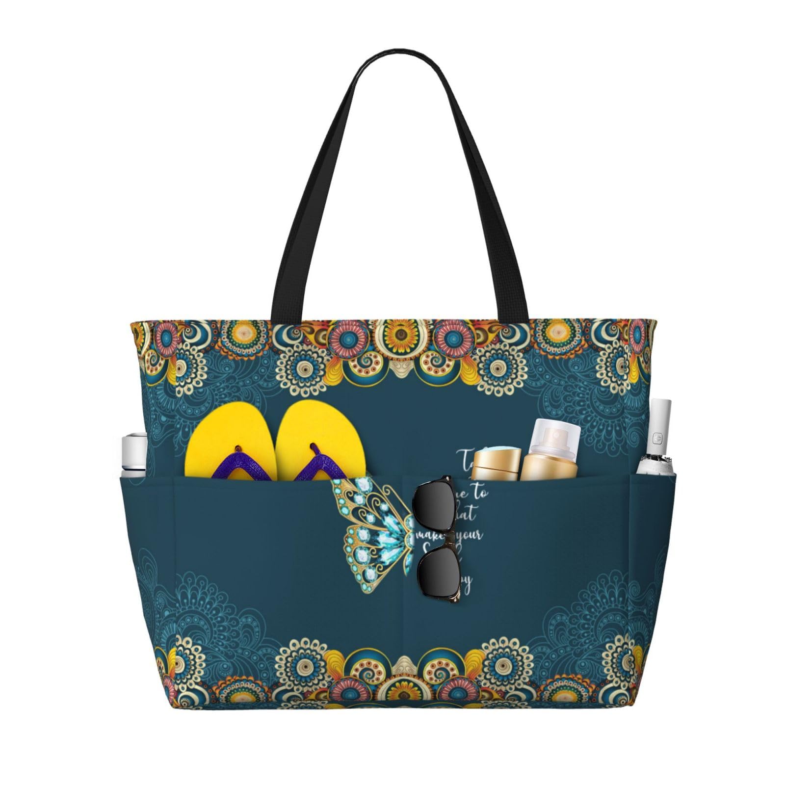 Owlfder Large Beach Bag for Women Waterproof Foldable Travel Shoulder Tote Bag with Pocket for Weekender Pool Vacation