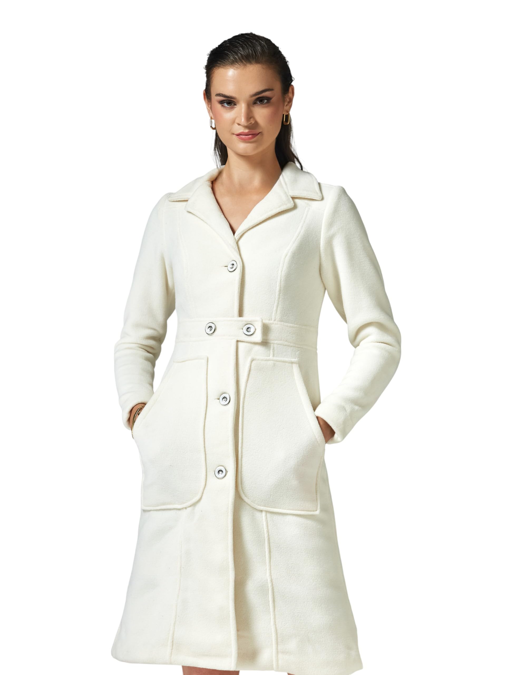 Women's Shirt Collar Full Sleeves Patched Pocketed Longline Winter Wear Jacket