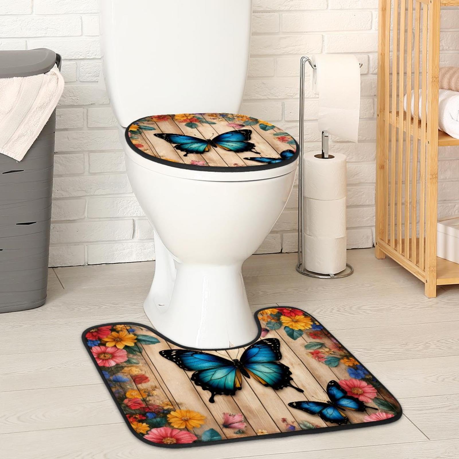 2 Pieces Flannel Toilet Contour Mat and Toilet Lid Cover, Soft Toilet Lid Cover Set Machine Washable Non Slip Contour Mat for Bathroom Decor Accessories