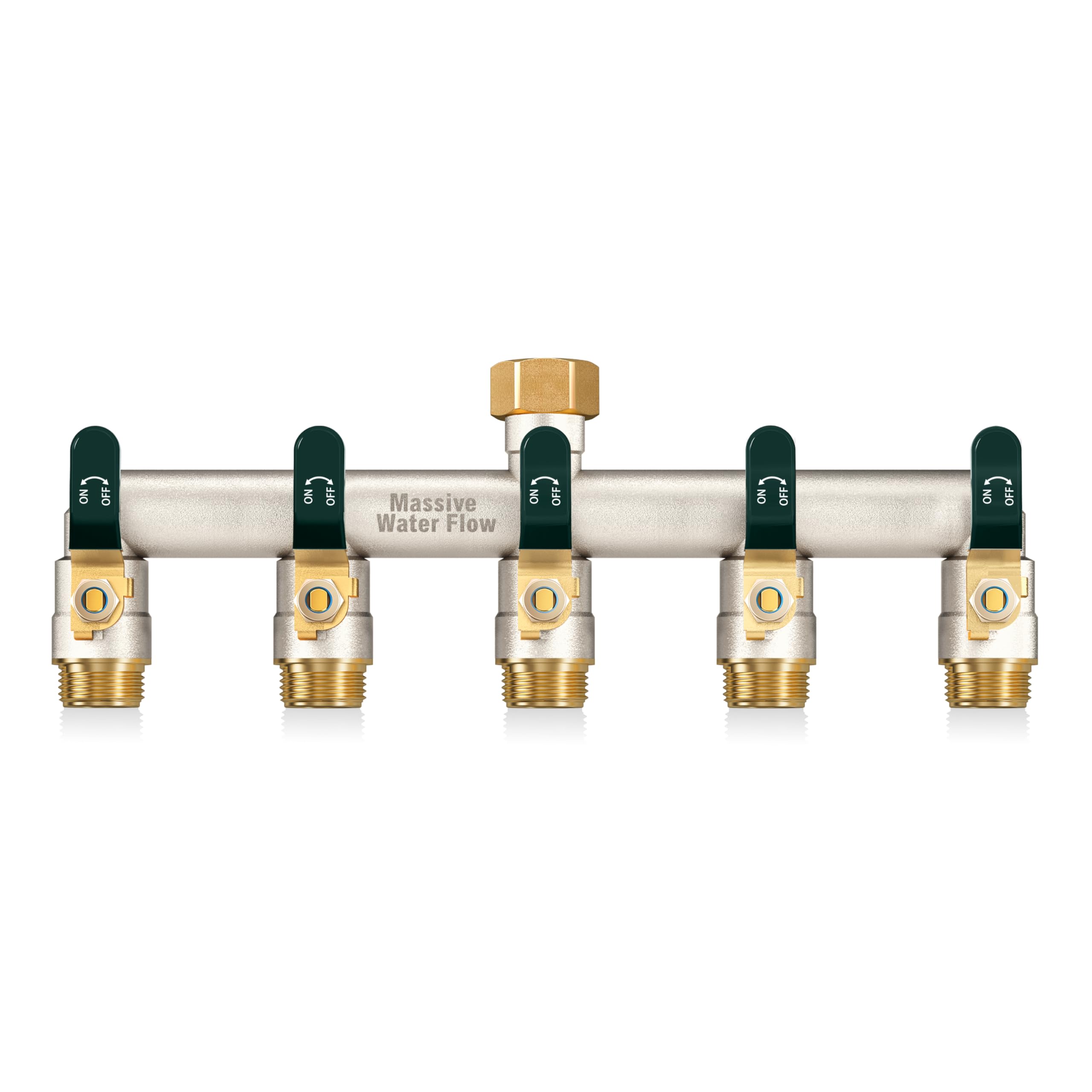 HugWaFlw Outdoor Tap Splitter, Garden Hose Splitter 5-Way, 3/4 Inch Tap Connector, Nickel Plating Solid Brass Large Flow Hose Splitter, Enables Four-Way Diversion of the Water Tap-Green Grip
