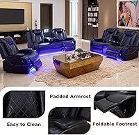 Vista 3 de Juego de Sofá Reclinable Eléctrico, Sofá Seccional de Cuero Negro de 3 Piezas, Juegos de Muebles de Sala de Estar con Luz LED, Juegos Reclinables