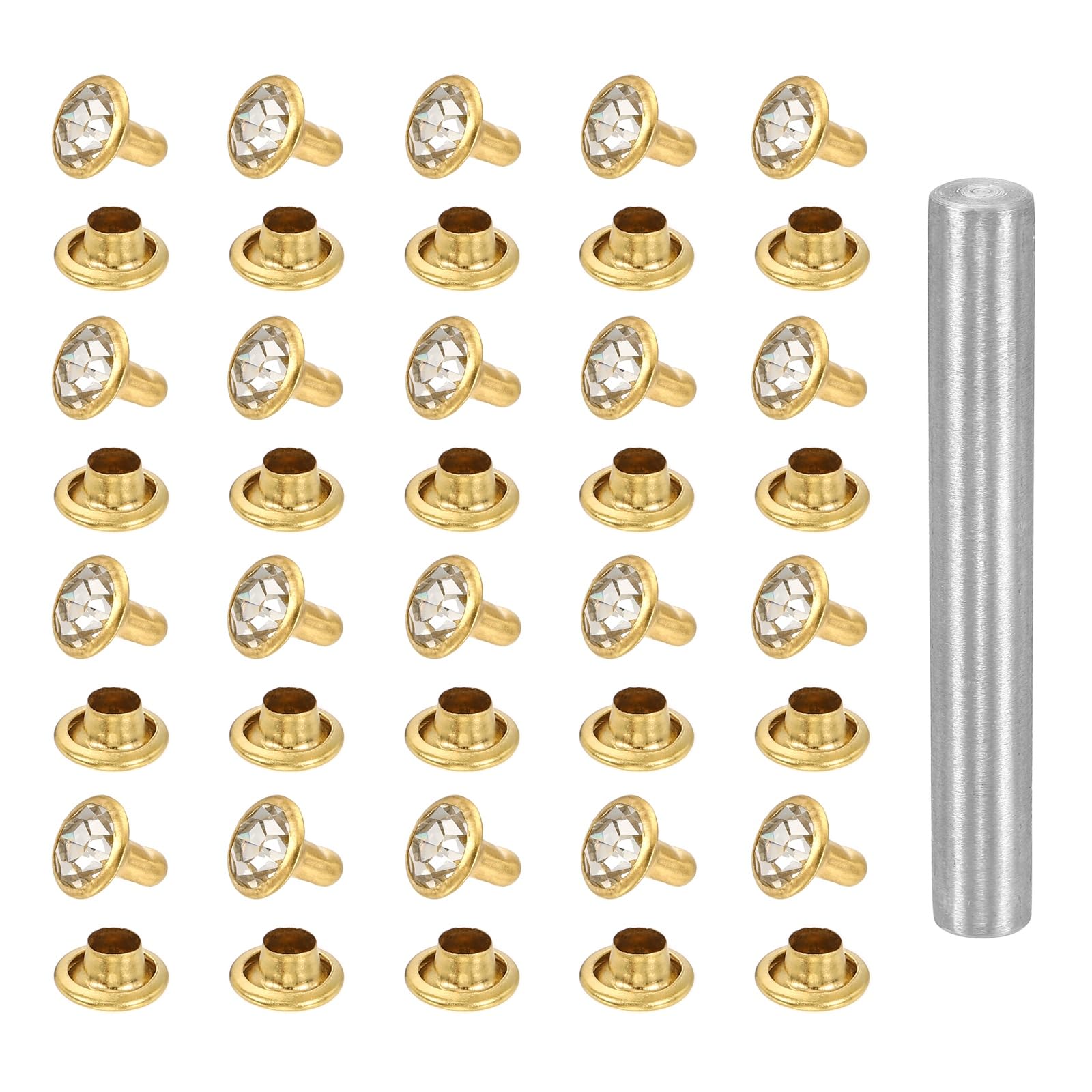 sourcing map 100pcs Crystal Rivets 7mm Rhinestone Rapid Stud Rivets with Steel Installation Tool for Clothing Leather Fabric Arts Decoration Leathercraft DIY, Gold White