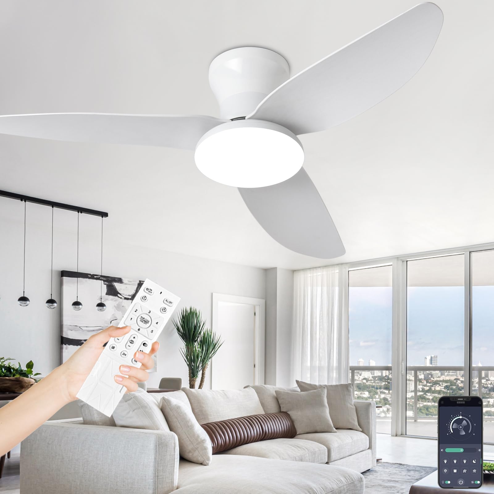 HXYSXHJUO 100cm Ceiling Fan Light with Remote 3 Blades Dimmer LED Silent DC Motor Reversible 6 Speed Modern Chandelier for Home Decor Timer Function