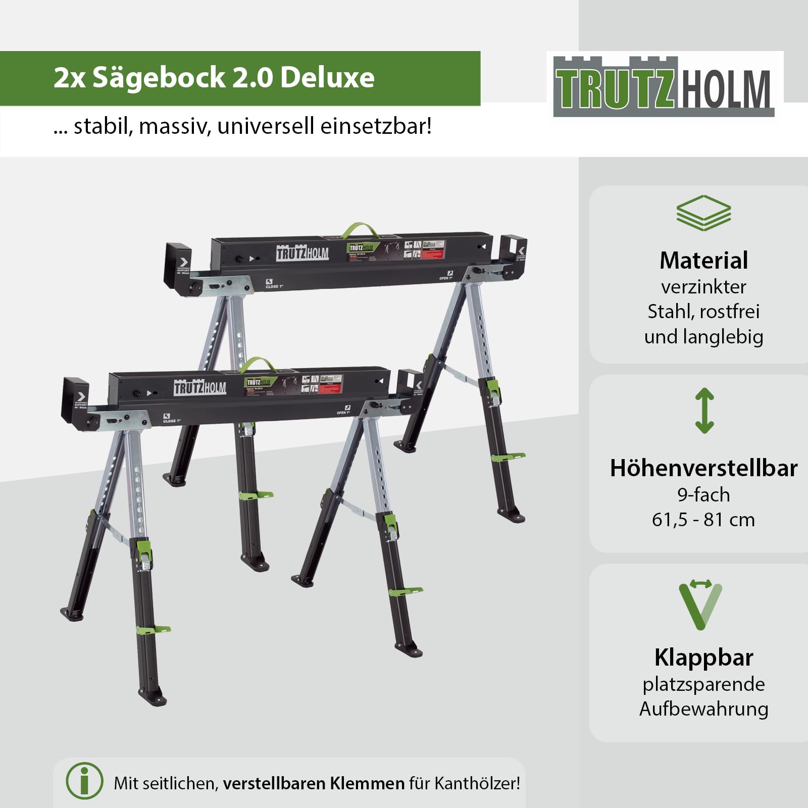 TRUTZHOLM 2x Sägebock 2.0 DELUXE 9-fach höhenverstellbar Stahl bis 1300 kg Klappbock Arbeitsbock Werkbock verstellbare Klemmen für Kanthölzer integrierter Tragegriff Unterstellbock Werkbank