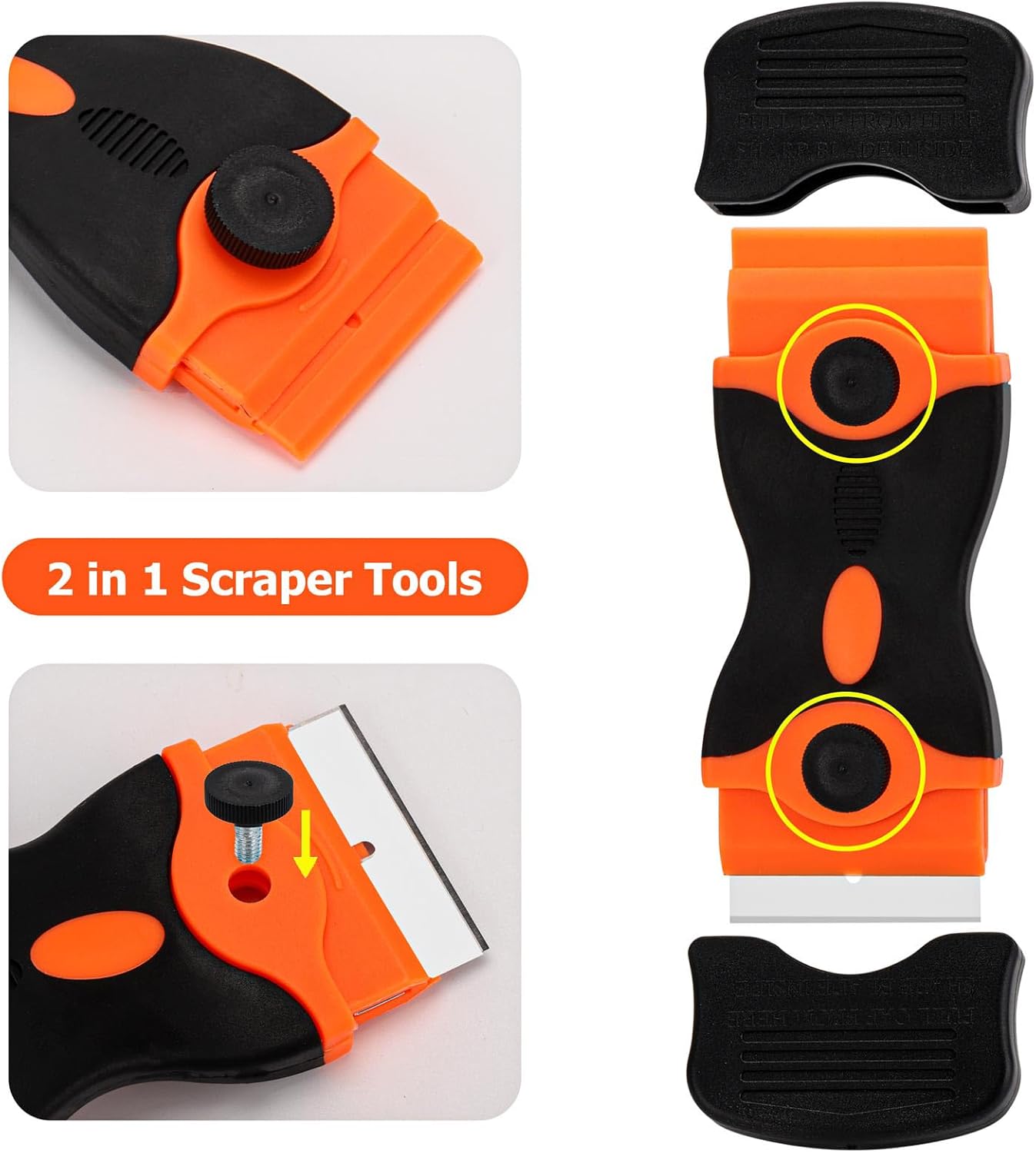 2 Pcs 2-in-1 Razor Blade Scraper Tool with 30Pcs Plastic Blades, 30Pcs Metal Blades and 2Pcs Plastic Cleaning Scrapers for Decals, Stickers, Labels, Caulk, Adhesive, Paint Removal