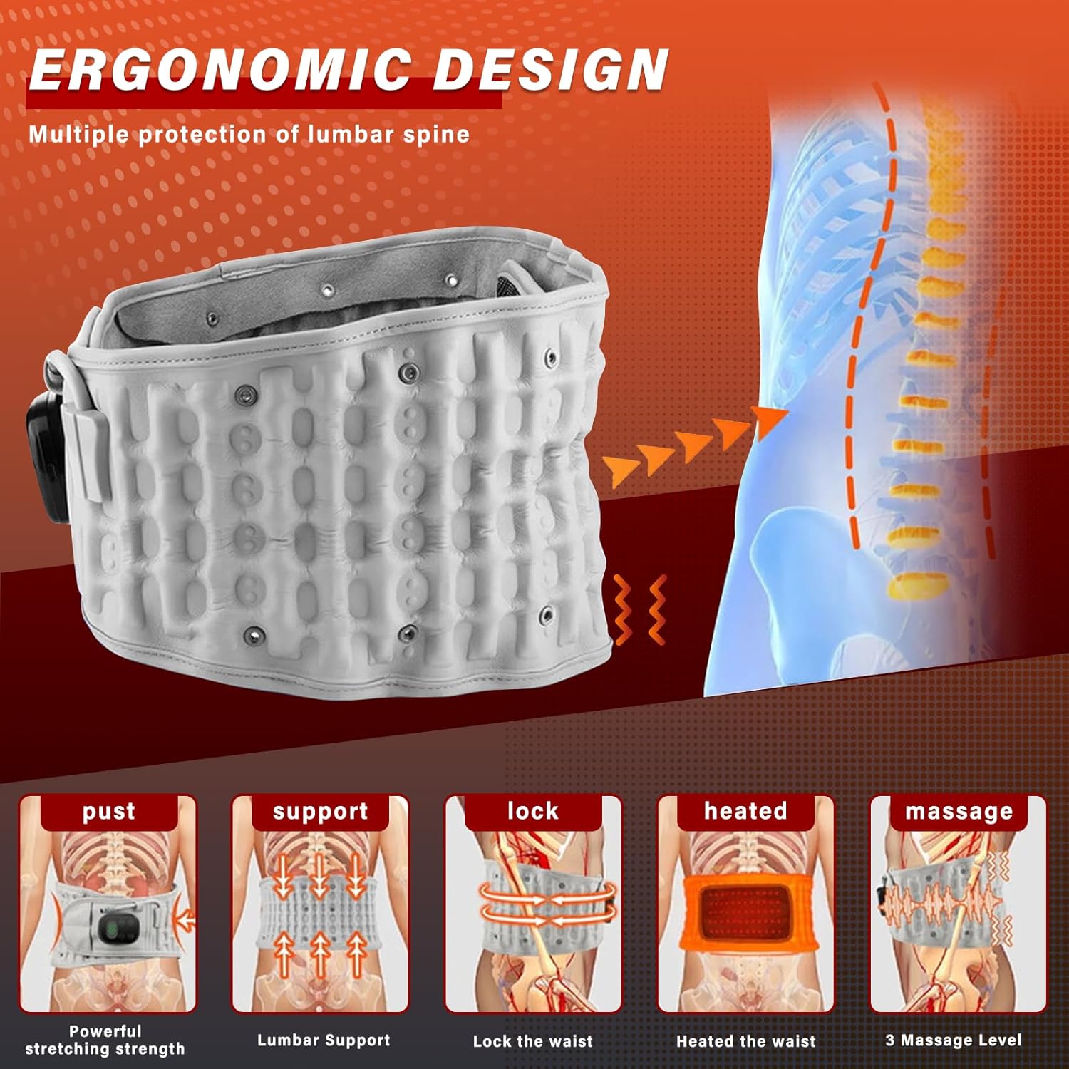 Nuviol 3-in-1 Back Therapy Belt, 2025 New Lupps 3-in-1 Back Belt, Decompression Back Belt with Red Light Heating and Massage, Spinal Lumbar Woman Men Heating Pad (Hand Pumps)