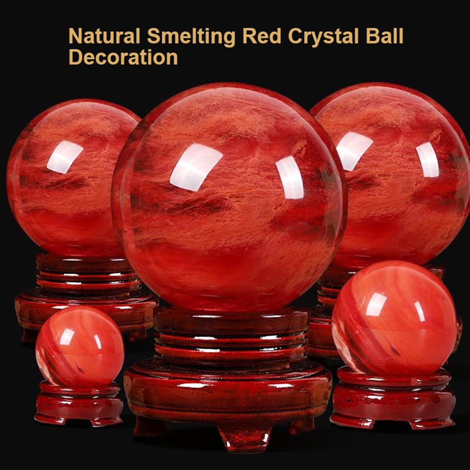 Melting Red Quartz Crystal Ball, Crystal Ball Ornament with Wood Stand, Crystals Gemstone Sphere for Feng Shui Desktop Ornaments,Hand-Made,20cm