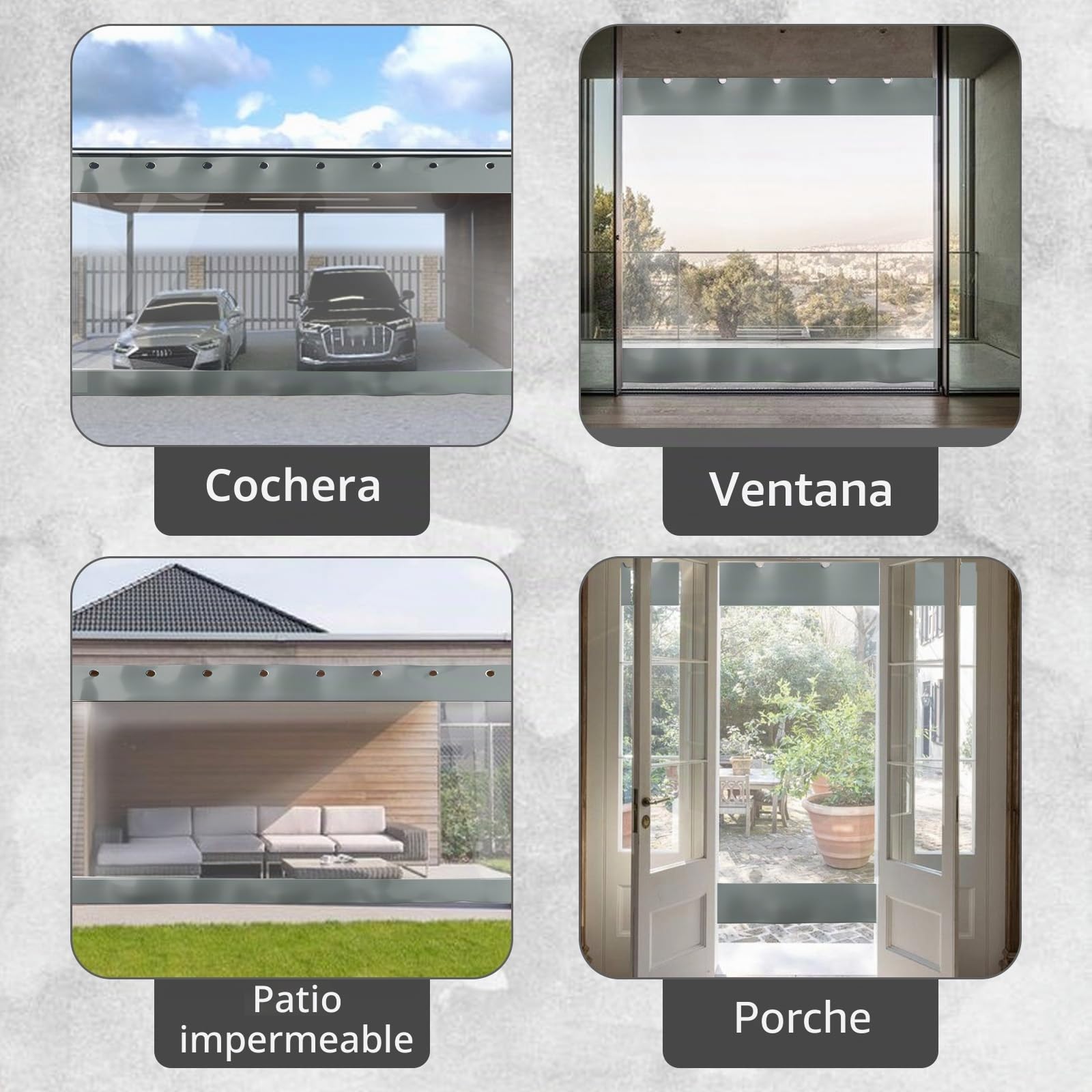 Exterior Impermeable Vinilo Lona Cortinas, Cortina Transparente al Aire Libre, 0.6mm PVC Duradera Panel Lateral con Ojales para Porche Terraza Pérgola, 3 Tamaños (2X3M, Gray+Clear)