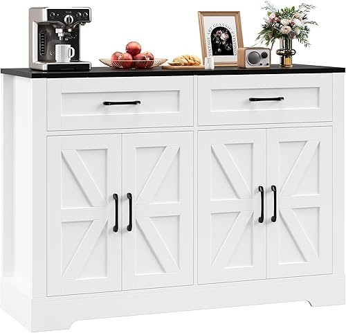 Miniatura 9 de Aparador buffet con almacenamiento, mesa de buffet de cocina de granja con cajones, barra de café con puertas de granero para comedor, pasillo,