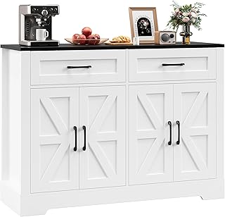 Sideboard Buffet Cabinet with Storage, Farmhouse Kitchen Buffet Table with Drawers, Coffee Bar with Barn Doors for Dining Room, Hallway, White and Black