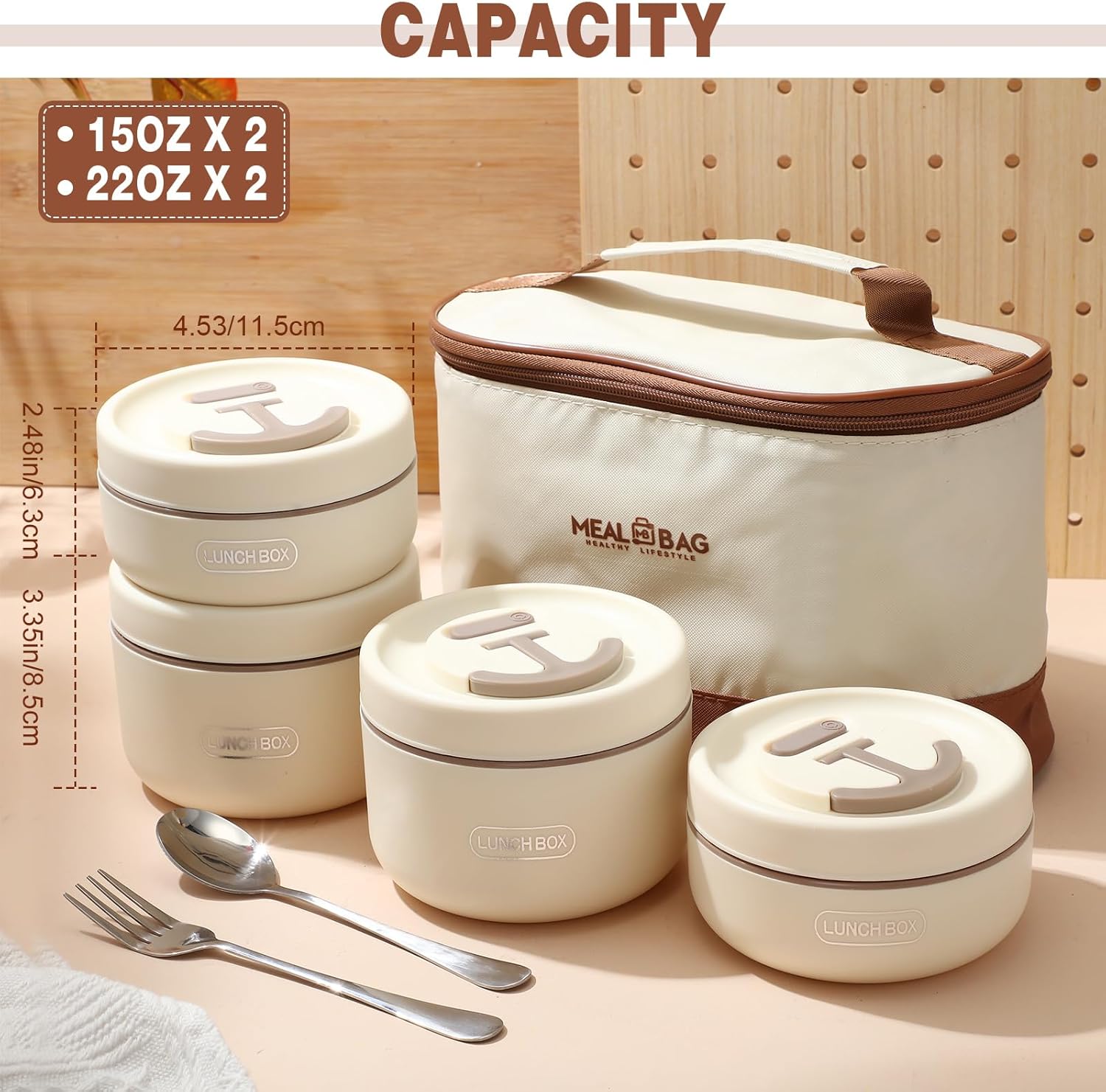 Dandat 4 Pcs Insulated Bento Box Portable Stainless Steel Food Container Round Stackable Leakproof Thermal Food Container for Adult Men Women with Insulated Bag, 74 oz(Beige)