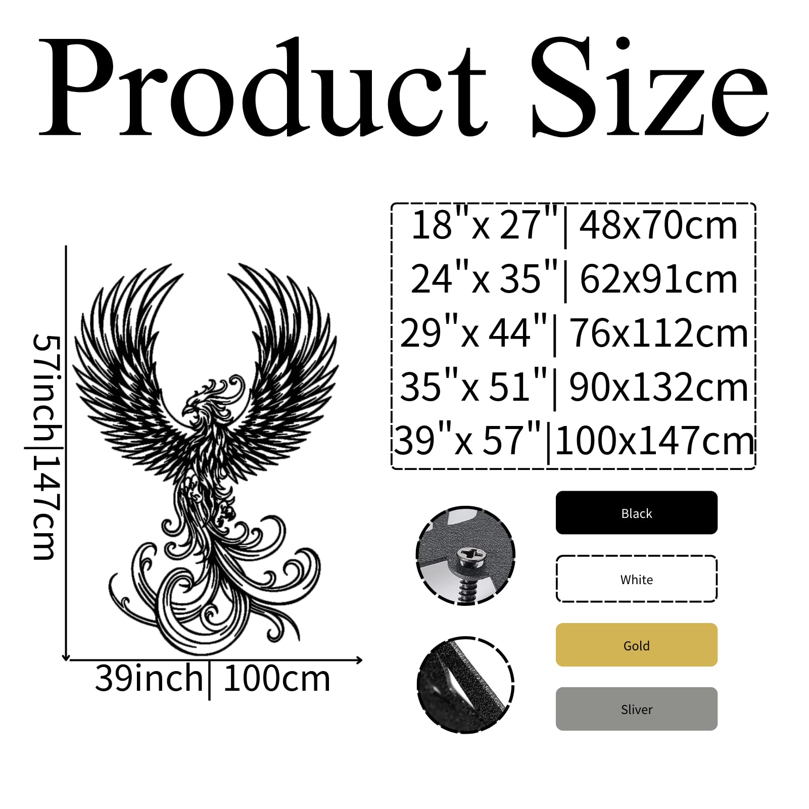 Metalowa sztuka ścienna - dekoracja feniksa, feniks, duży feniks, ptak feniks, ptak boho, mityczny ptak, wiszący salon, sypialnia, prezent na parapetówkę (48 x 70 cm, złoty)