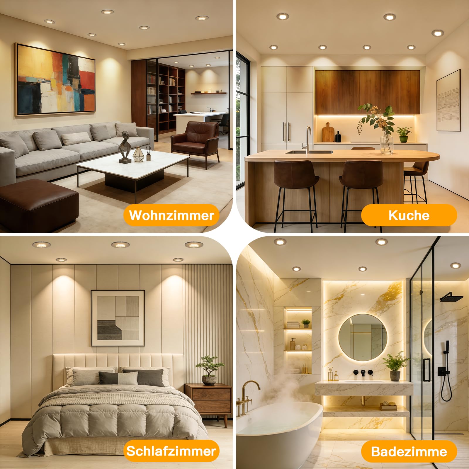 LED Einbaustrahler 230V 60-65mm Ultra Flach 6W IP44 LED Einbauleuchten Deckenspots 3000K Warmweiß, LED Spots Badezimmer Matt Nickel 6er Set, für Badezimmer Küche Wohnzimmer