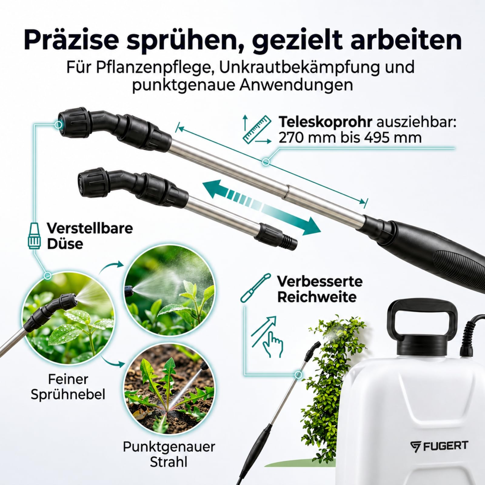 Akku Drucksprüher, elektrischer Gartensprüher mit USB-C, 3,5 Bar, Pflanzensprüher mit Teleskoplanze 27–49,5 cm, 5 Düsen, Schultergurt, Gartenspritze für Garten & Pflanzen (5L)