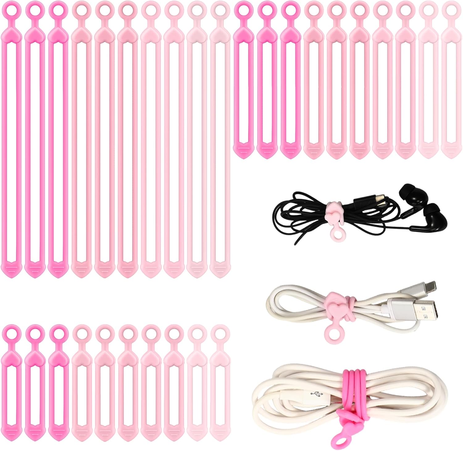 Pangda 48 Pcs Silicone Cable Ties with 3 Sizes Reusable Cable Management Organizer Multipurpose Elastic Cord Wire Ties Adjustable Electronic Cord Organizer for Travel Office Desk(Gradient Pink)