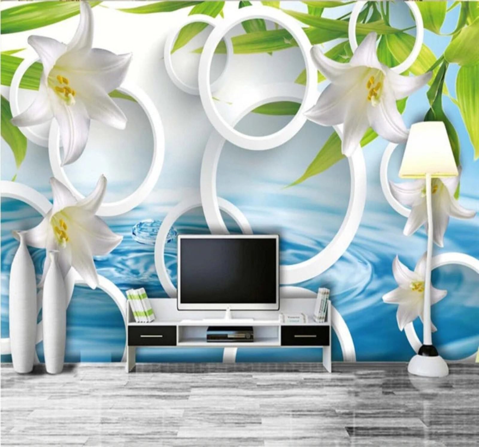 Xlming 430Cm×300Cm(B×H) Minimalist Fresh Beautiful Lily Circular 3D Wallpaper Luxury Home Dining Decor Paste Sofa Living Room The Wall For Bedroom Mural-430Cm×300Cm