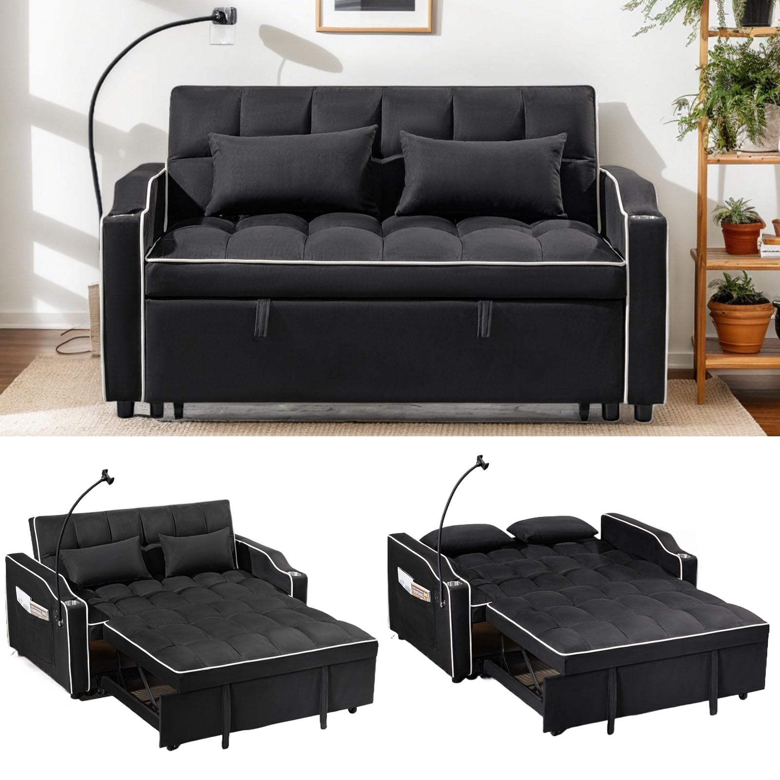 2人掛け・3人掛けソファ 2 seat black sofa bed (double shape) Amazon.com: Anwick 3-in-1 Convertible Sofa Bed, 55