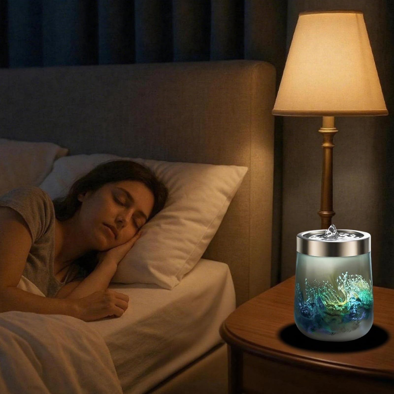 VOREEN Zimmerbrunnen Grau aus Mundgeblasenem Glas – Tischbrunnen mit LED-Licht – Ruhiger Glas-Deko-Brunnen für Wohnzimmer Schlafzimmer Büro H 15cm