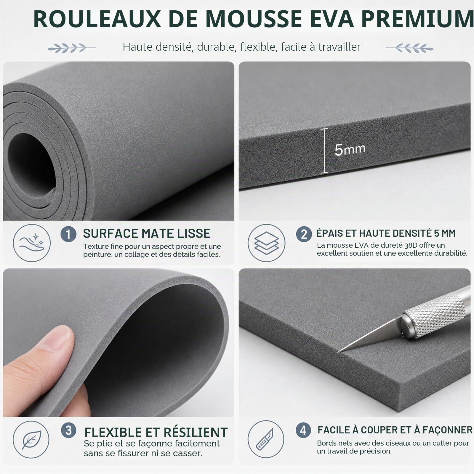STARVAST 2 Pièces Mousse EVA 5 mm, Eva Foam Gris 33 x 200 cm, Rouleau de Mousse Haute Densité Dureté 38 pour Protection, Bricolage et Découpe