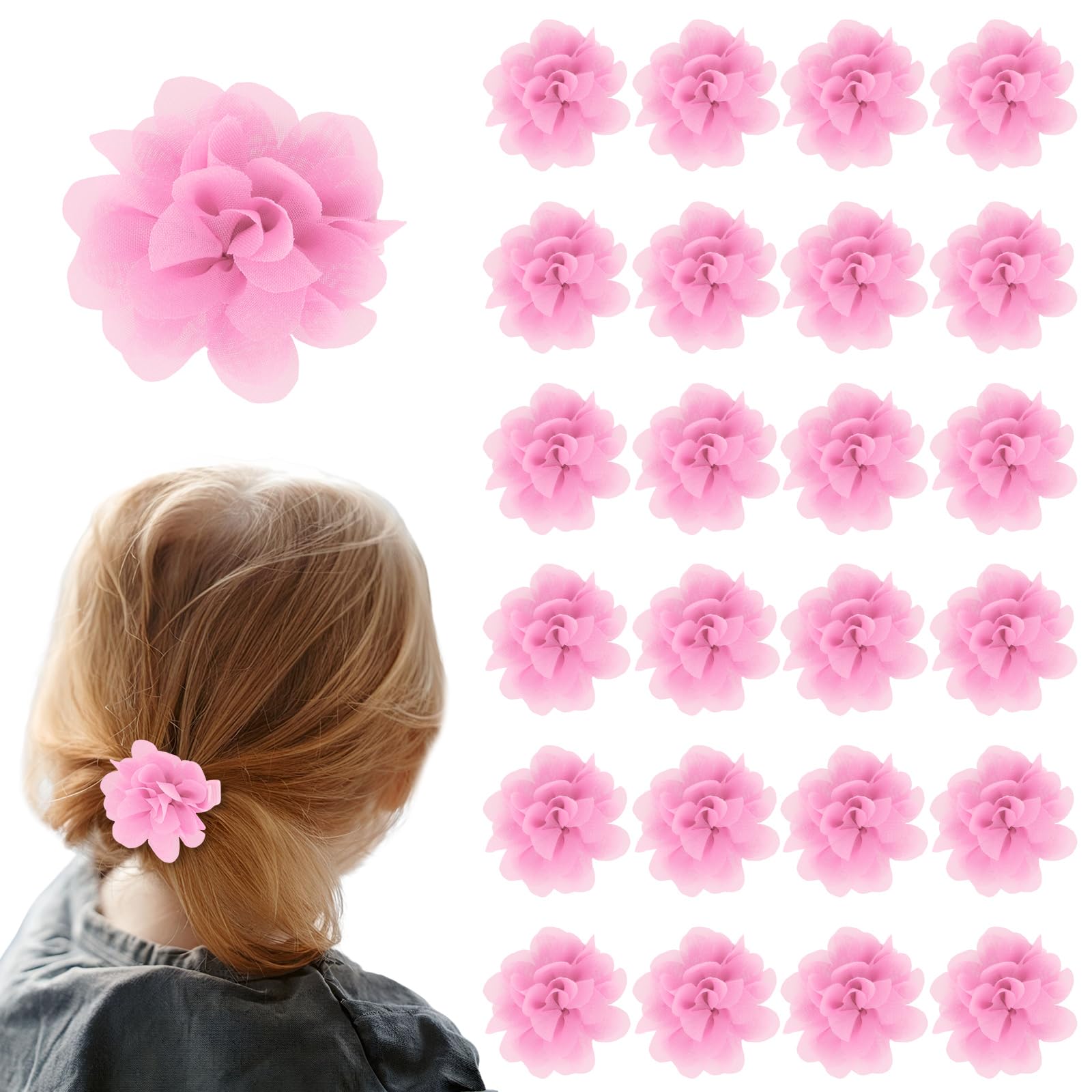24 PCS 2" Chiffon Flower Hair Bows Clips Artificial Fabric Flower Tiny Baby Hair Clips Fine Accessories for Women Girls Kids (Pink)