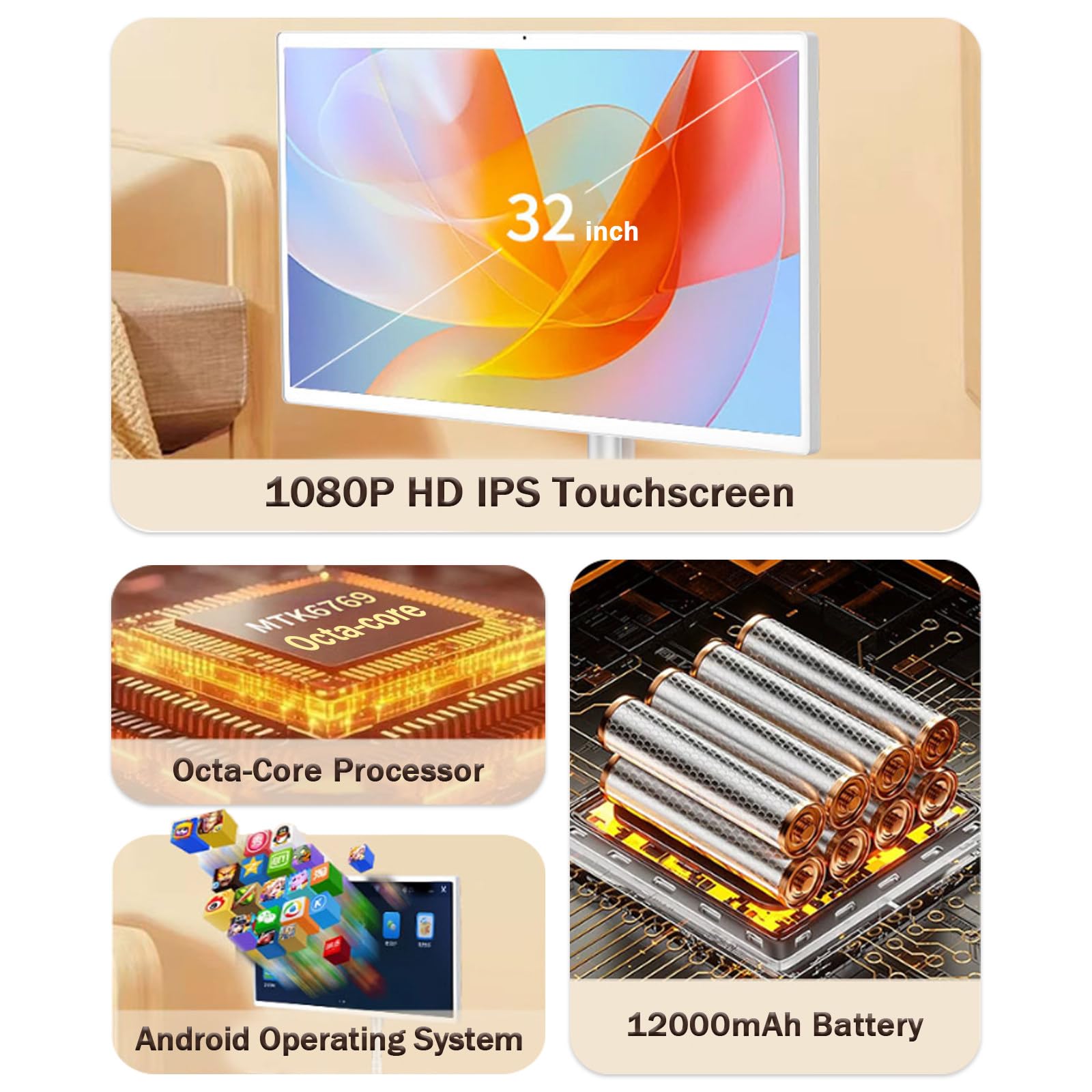 TV Touchscreen - TV Portatile IPS FHD da 32 Pollici, Ruote a 360°, Supporto Regolabile in Altezza, Ideale per Cucinare, Allenarsi e videoconferenze