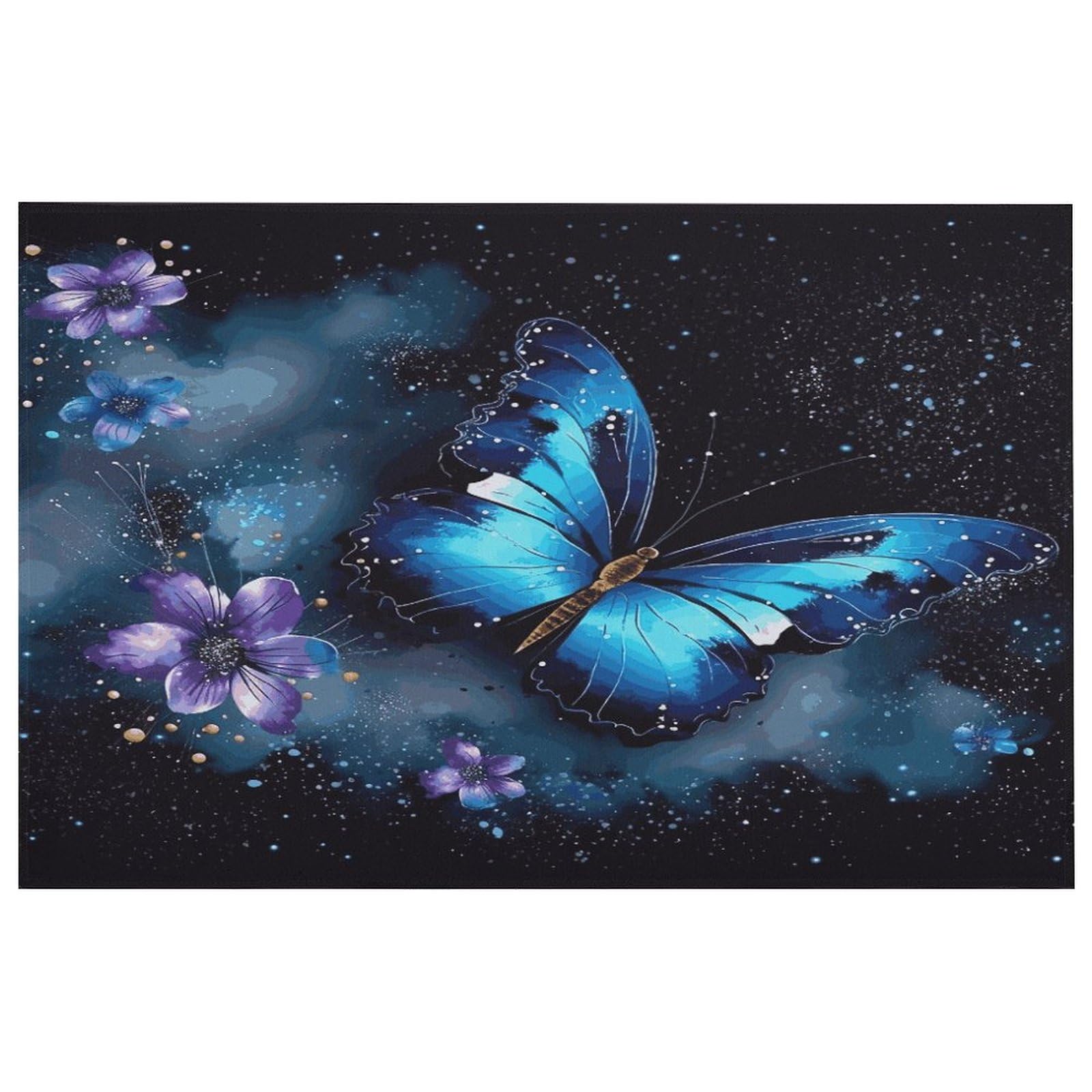 Petit tapis lavable papillon bleu galaxie antidérapant