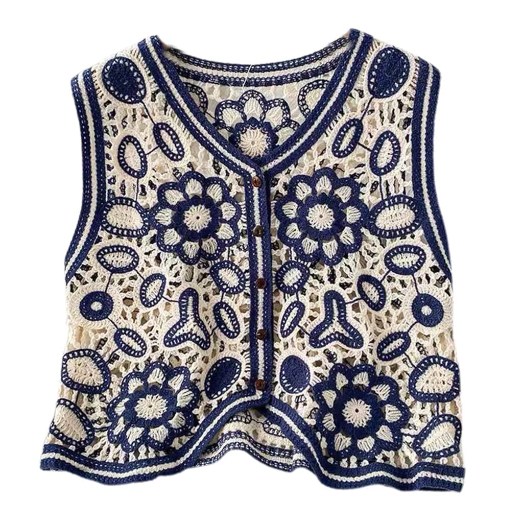 sodeber Women Sleeveless V-Neck Crochet Crop Cardigan Top Ethnic Hollowed Out Knitted Florals Button Up Sweater Vest