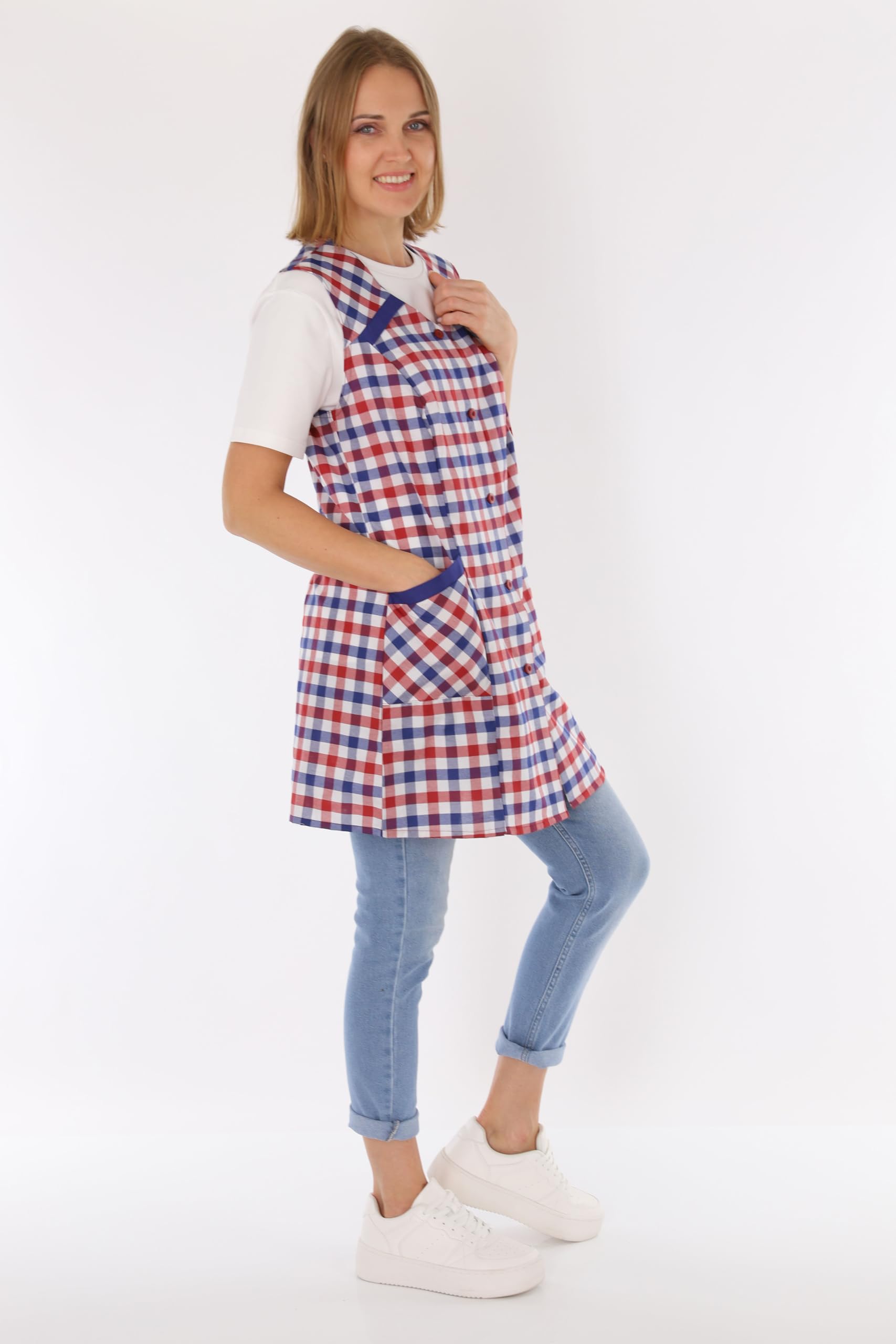7/8 Casaca para mujer, poliéster, algodón, multicolor, delantal corto, sin mangas, delantal de cocina Diseño 3 48