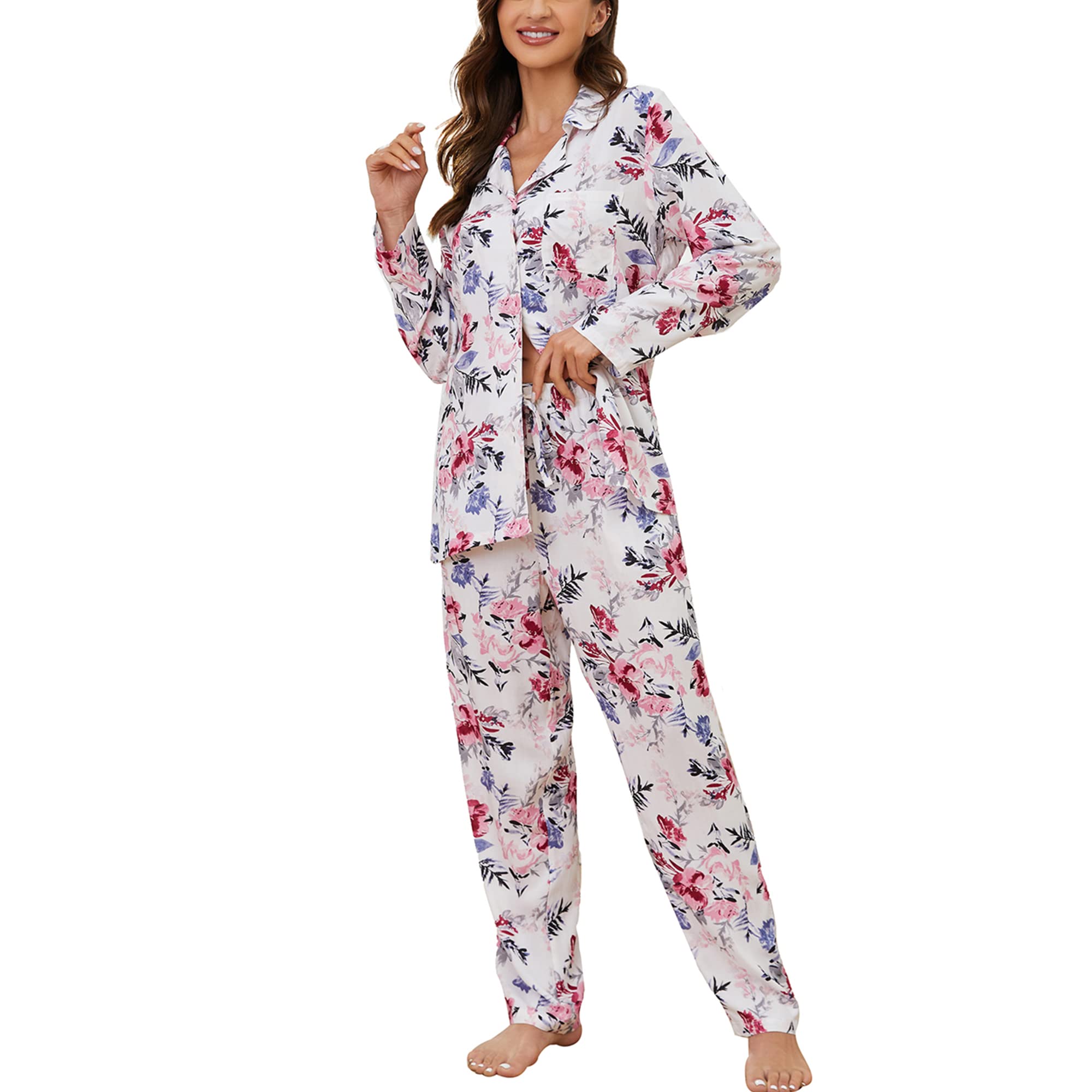 HEARTNICE Floral Print Pajamas for Women, Long Sleeve Pajama Sets Button Down Loungewear PJS Soft with Pockets