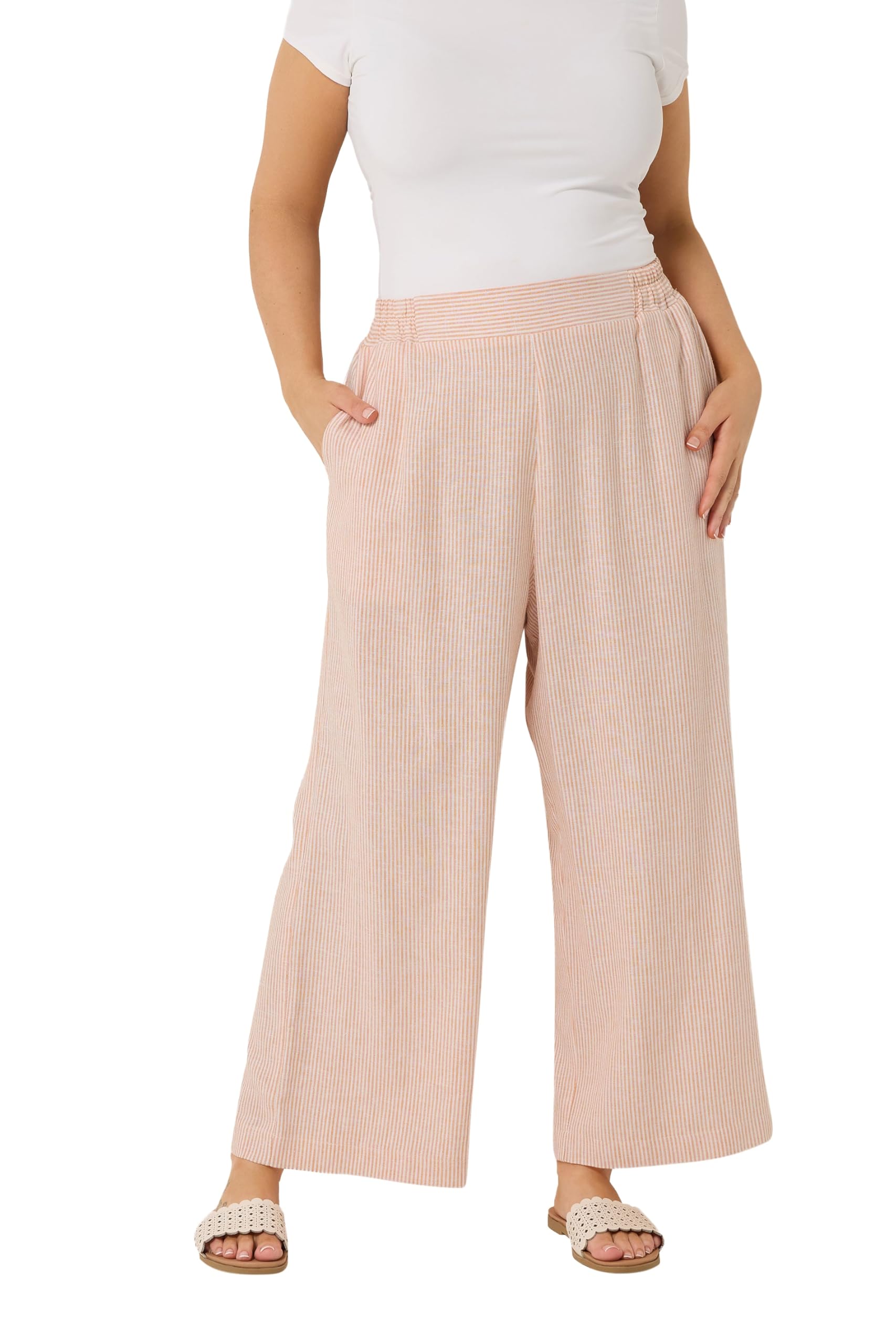 Yours Women's Stripe Wide Leg Linen Trousers in Peach | Size: 16