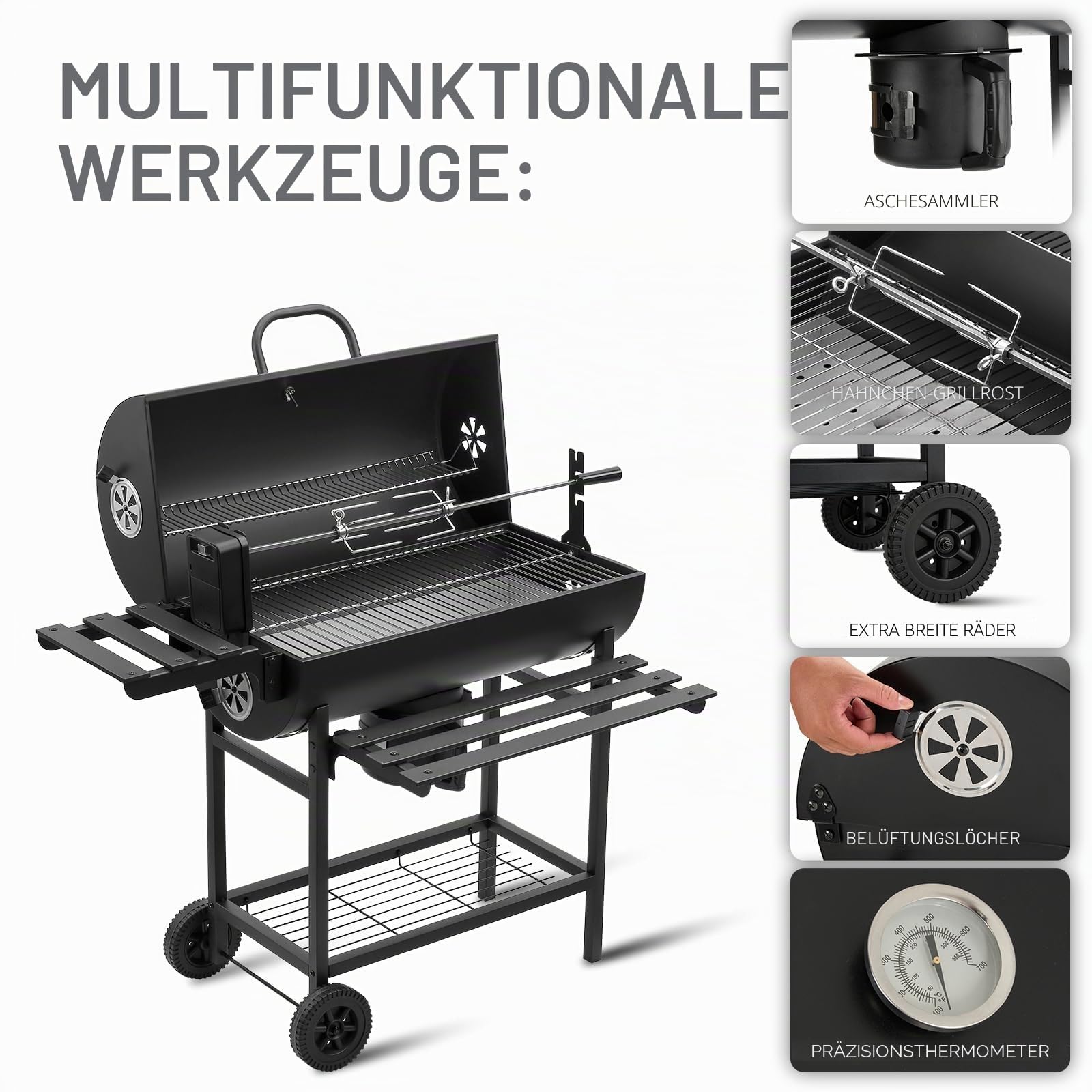 TEENO Grill Grillwagen BBQ Smoker Holzkohlegrill mit Deckel, Brathähnchen-Gestell,Rädern, Edelstahl-Griff, Grillrost und Thermometer, Lieferung von Clips und Handschuhen,Standgrill, Kohlegrillwagen
